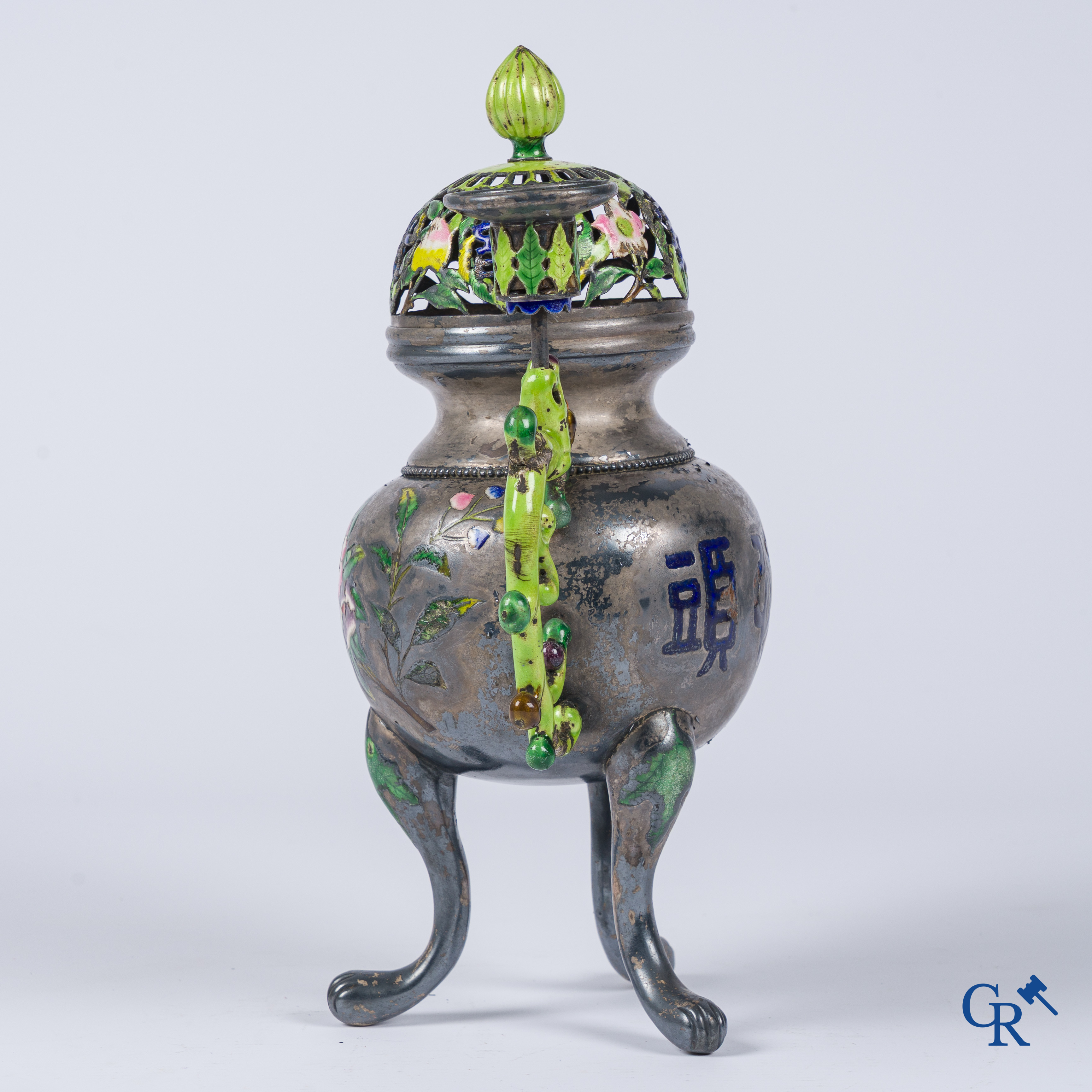 Asian Art, a Chinese silver and enamelled incense burner with candle holders. Marked. 18th-19th century.