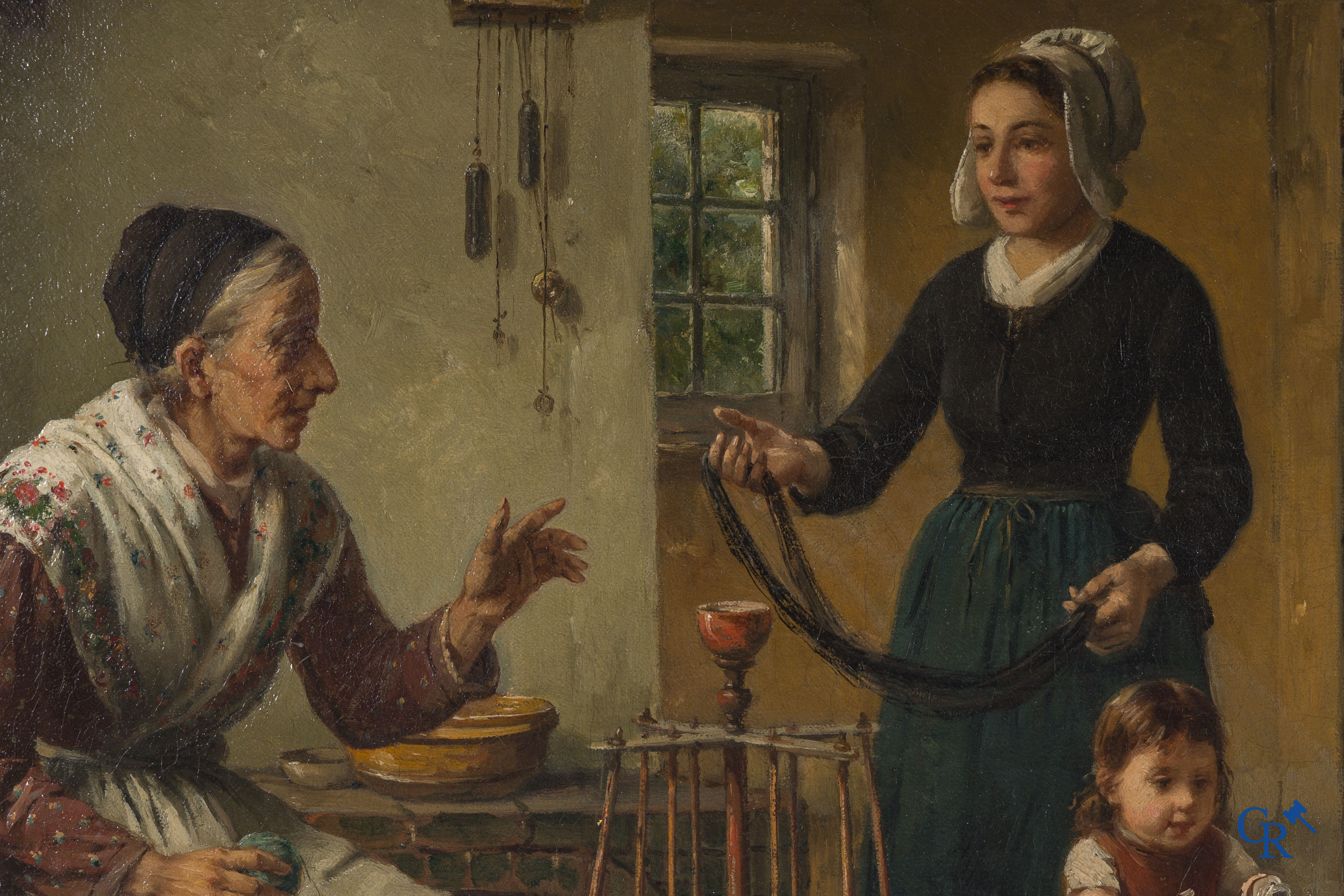 Corneille Petit, "Le dévidoir" interieur scène, olie op doek. Gesigneerd Corneille Petit Bruxelles.