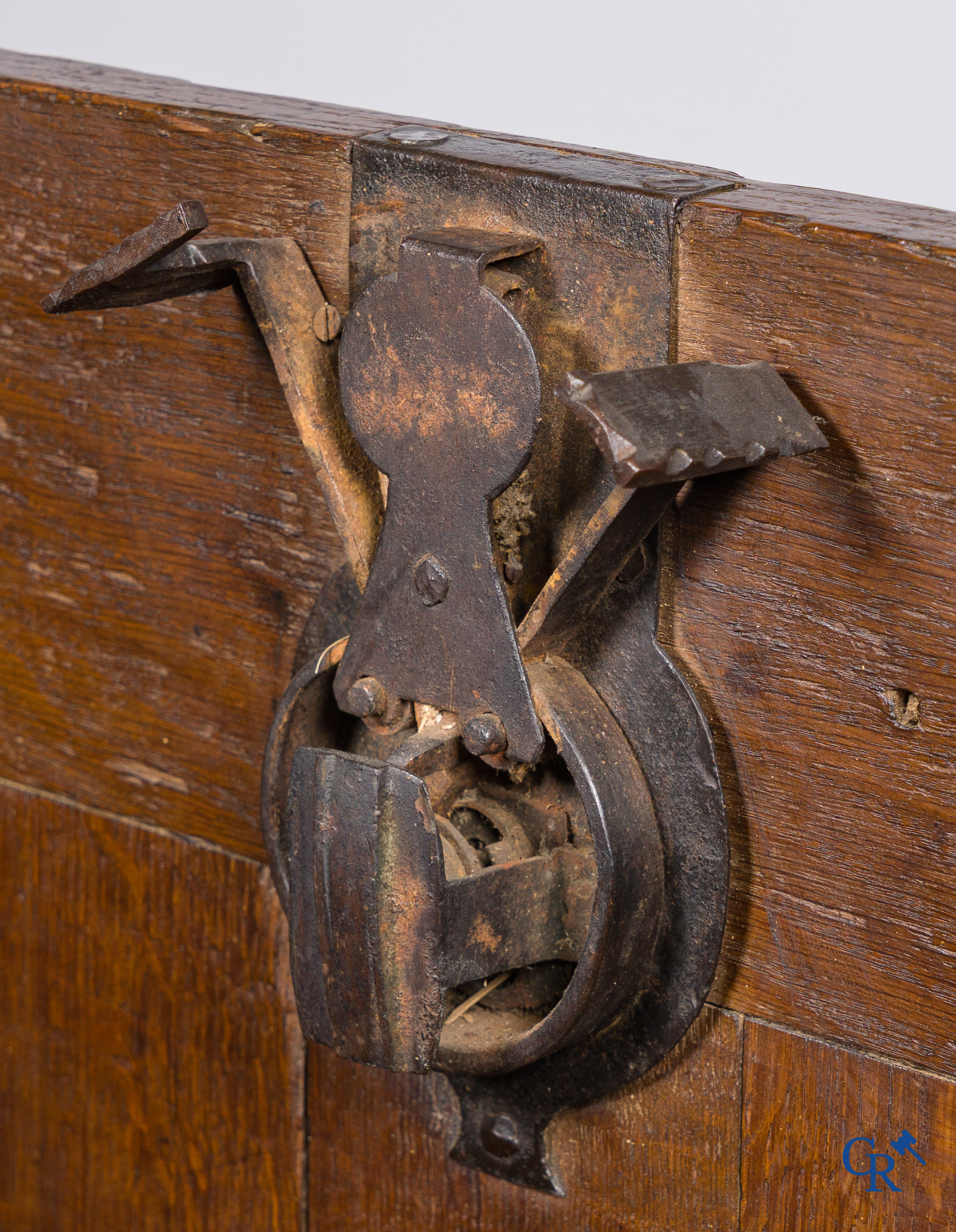 Oak trunk with original wrought iron lock work. Beautiful patina. 18th century.