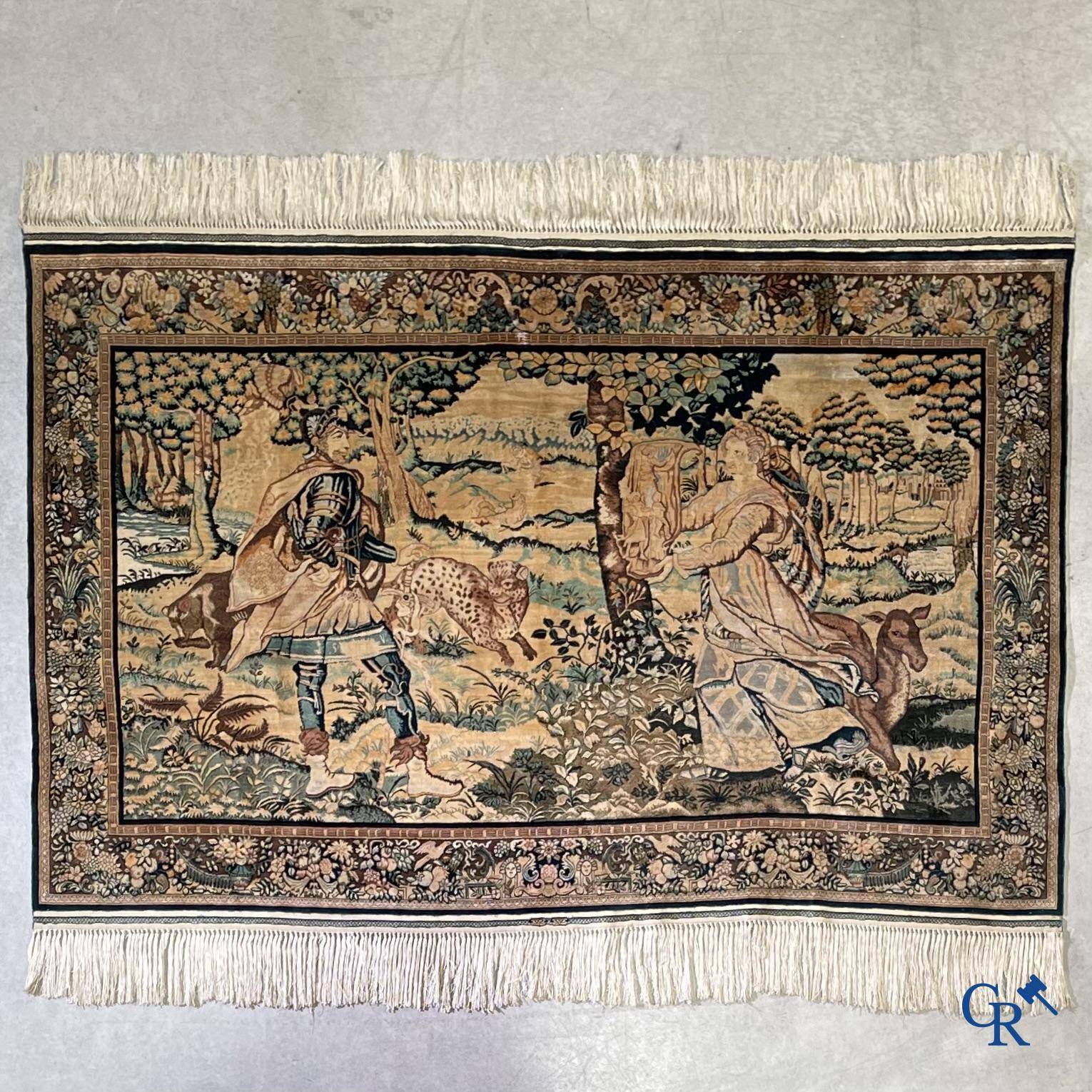 Oriental carpets, a finely knotted silk tapestry with Renaissance scenes. Signed.