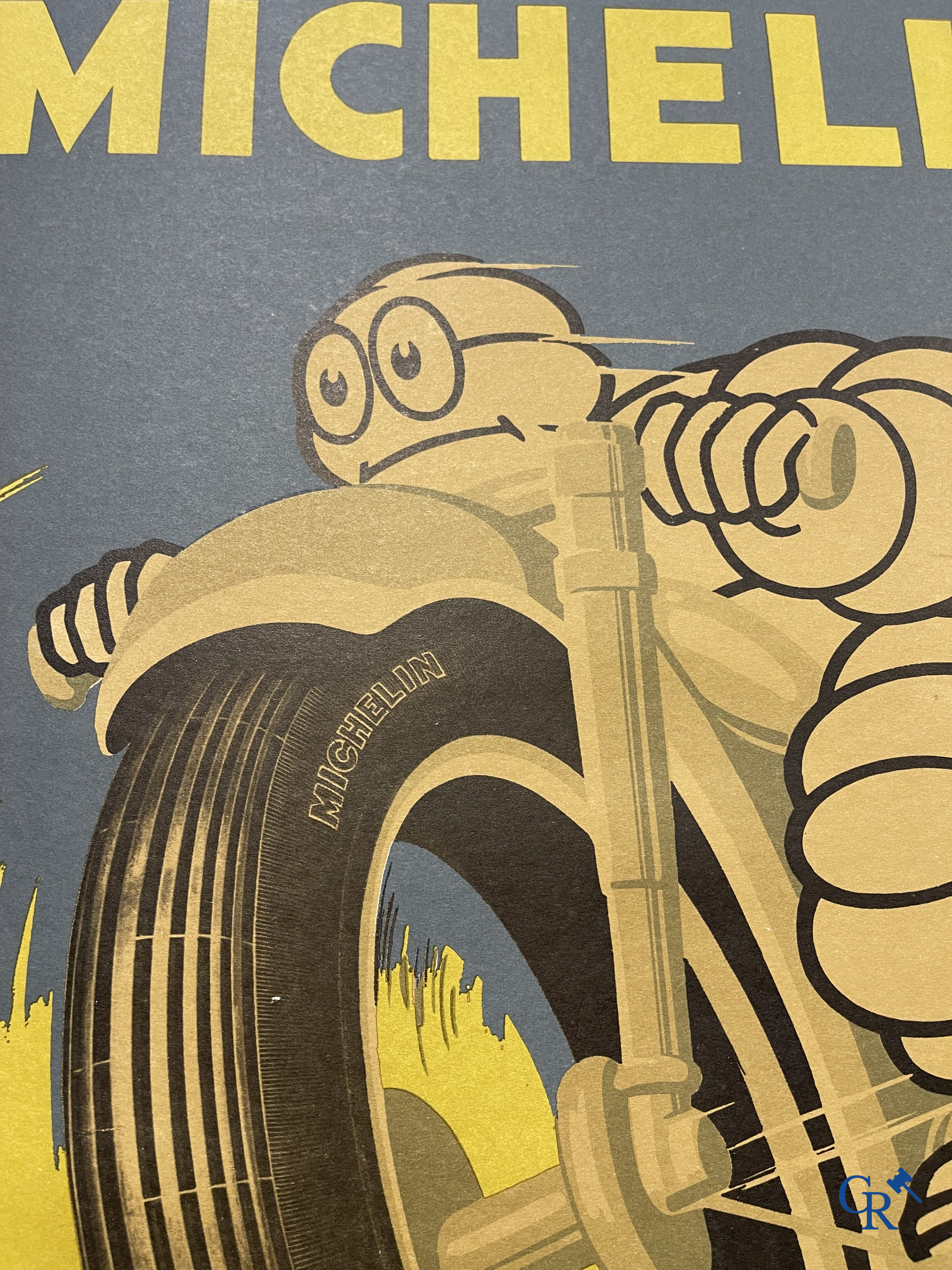 Michelin, original poster for Michelin motorcycle tyres, in aluminium frame. Verga-Milano 1959.