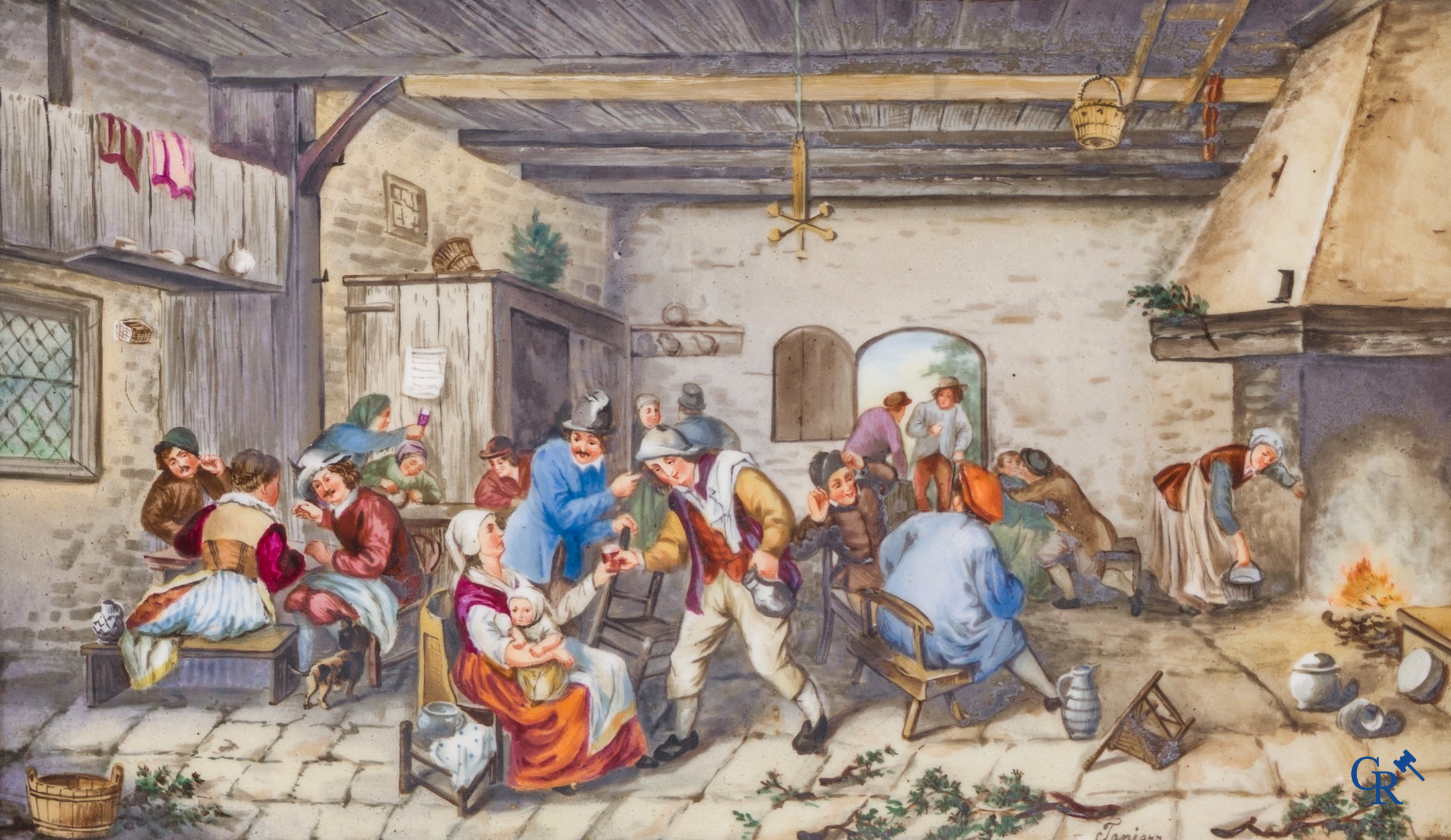 Teniers (after). A few paintings on porcelain with typical rural village scenes. Signed Teniers.