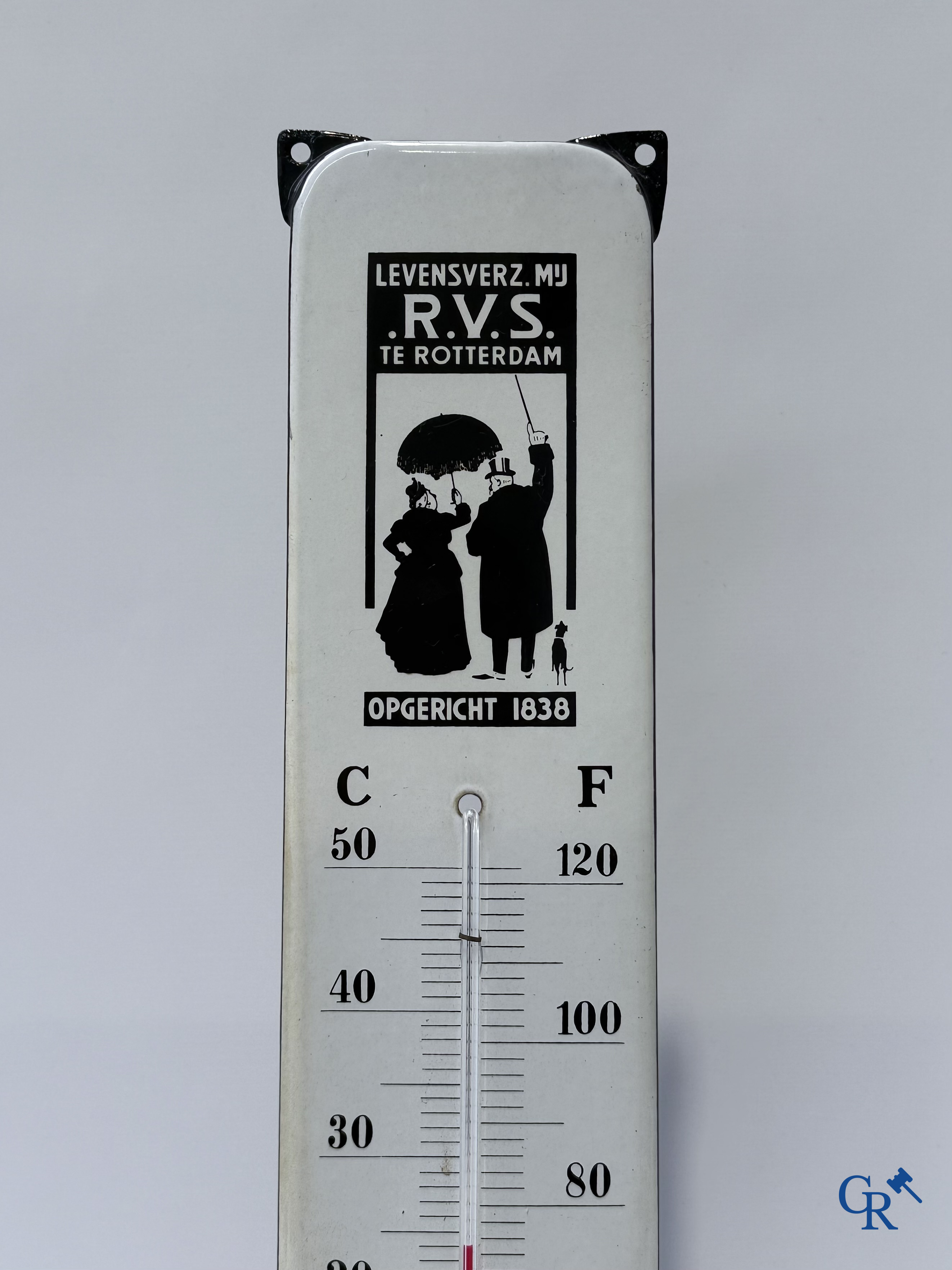 RVS, enamel advertising thermometer for the Rotterdam Insurance Company. Emaillerie Langcat Bussum.