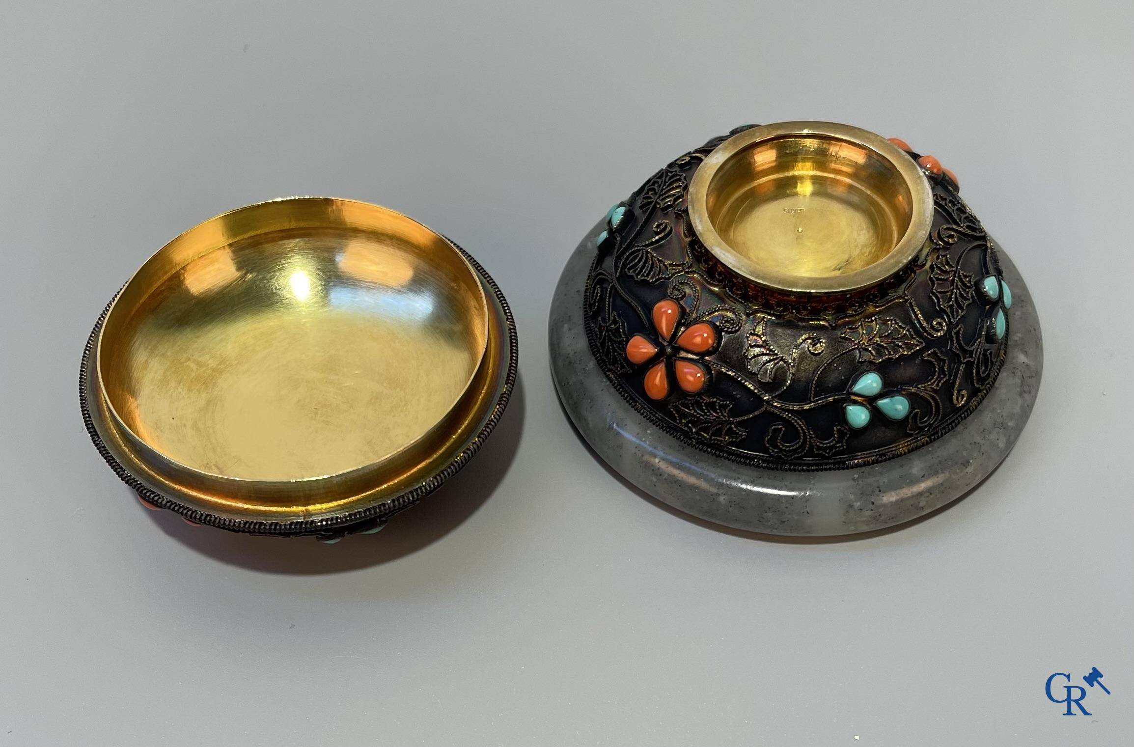 Asian Art, A lid bowl in silver and jade, inlaid with red coral and turquoise.