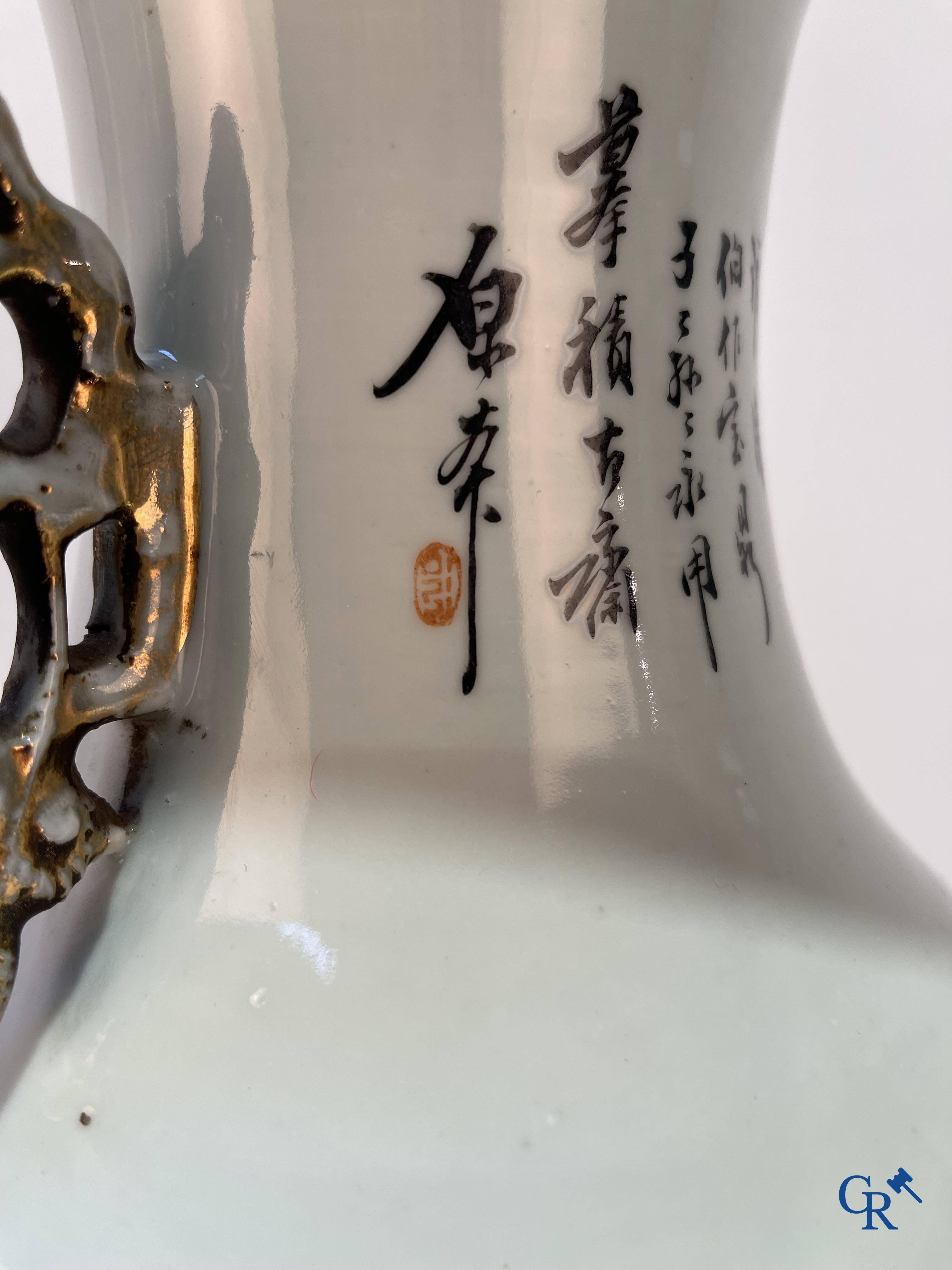 Asian Art, Chinese porcelain, a Chinese double decor vase with court scenes and calligraphy. Republic period.
