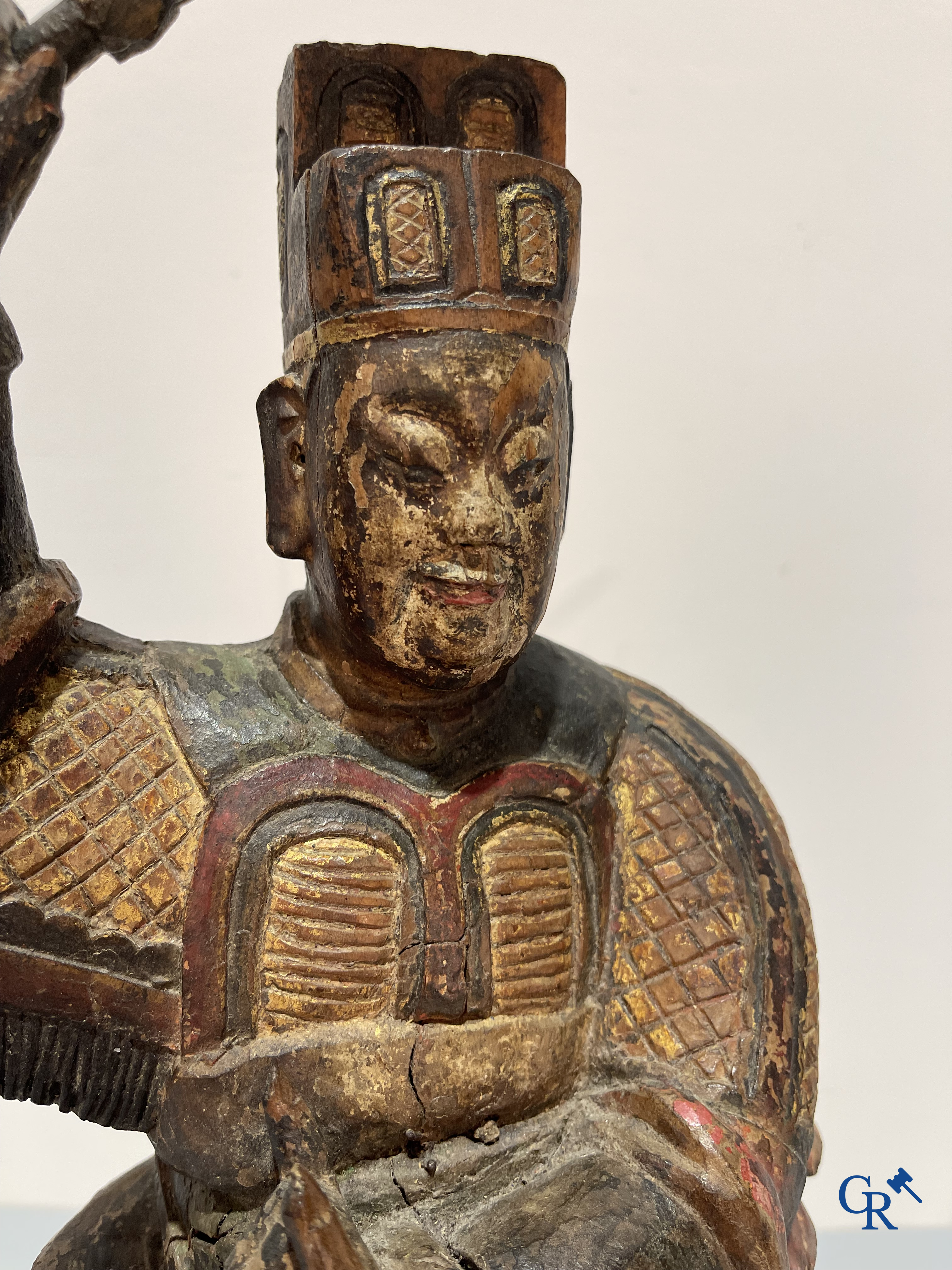 Asian Art, A Chinese antique wood sculpted and polychrome representation of a warrior.