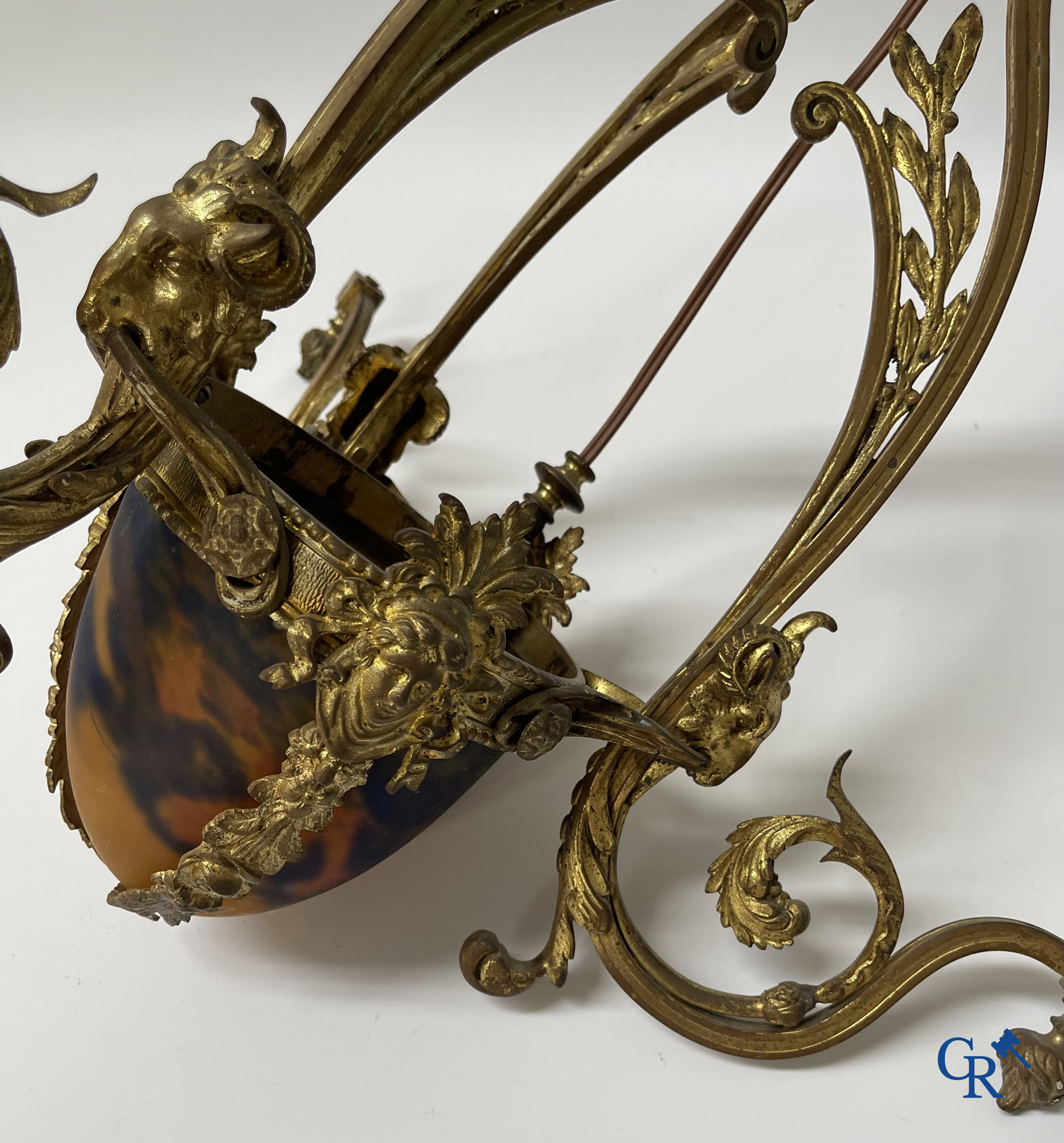 A large lot of brocante including Royal Dux, Biscuit statues, porcelain, globes, spelter statues, table lamp, chandelier etc.