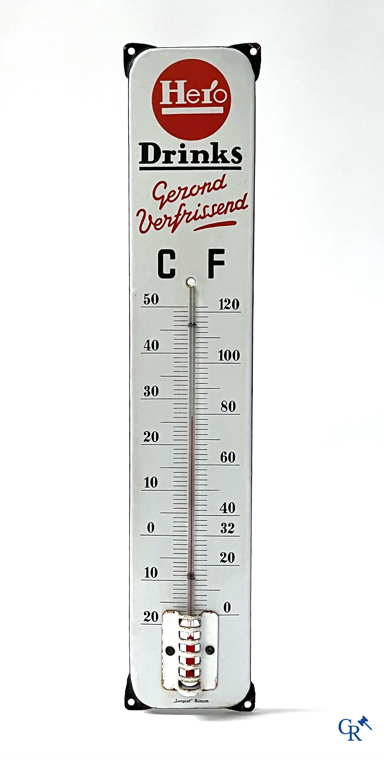 Hero Drinks, "Healthy Refreshing" Enamel advertsing sign with thermometer for Hero Drinks. Langcat Bussum.