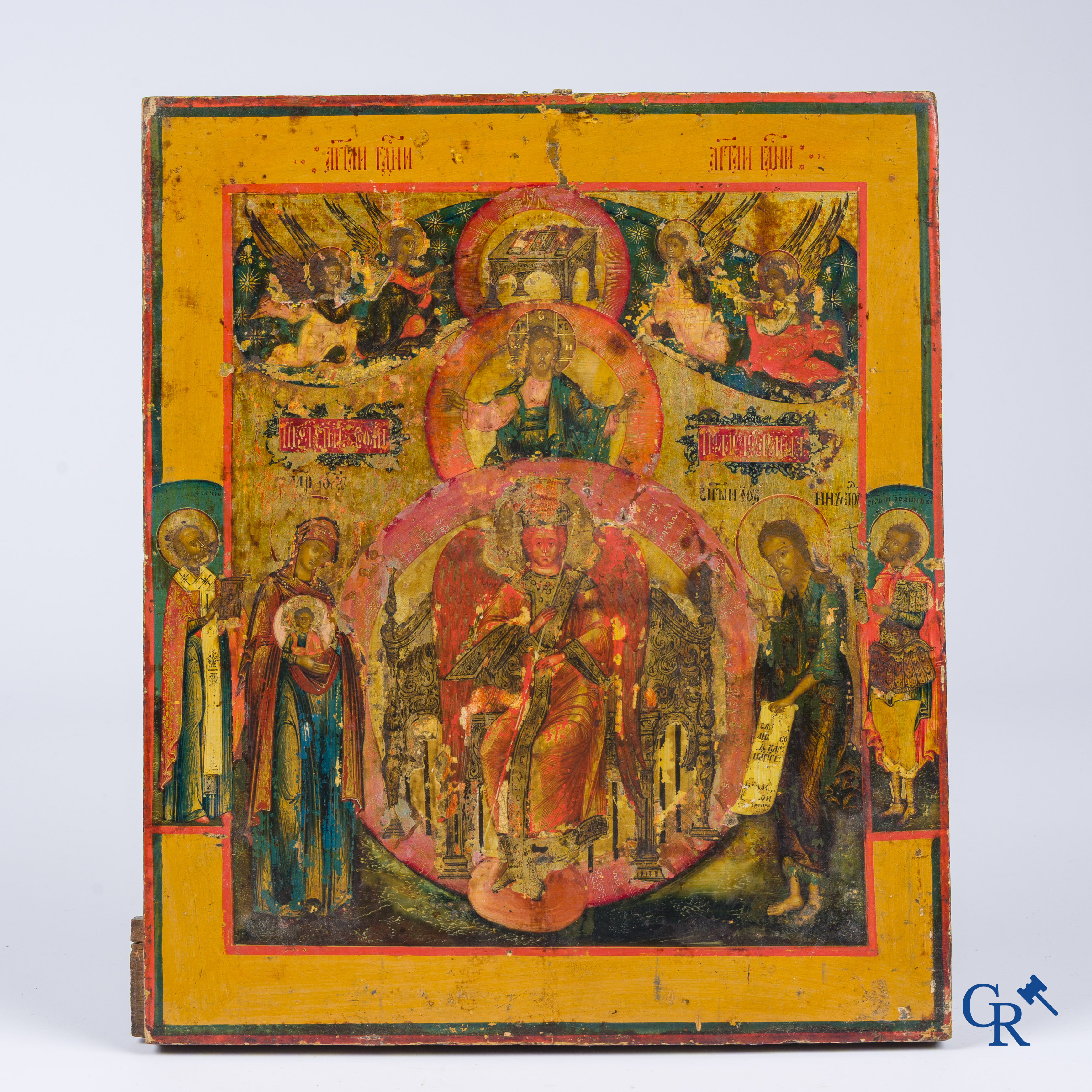 Russian work. Icon, tempera on wood with silver oklad. Marked.