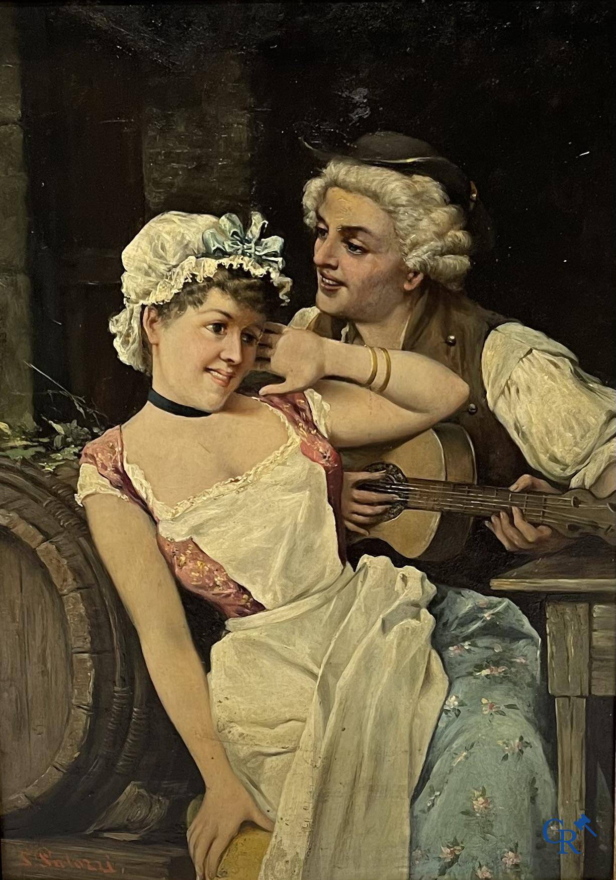 S. Palozzi, 19th century. Couple in love. Oil on panel. Signed lower left.