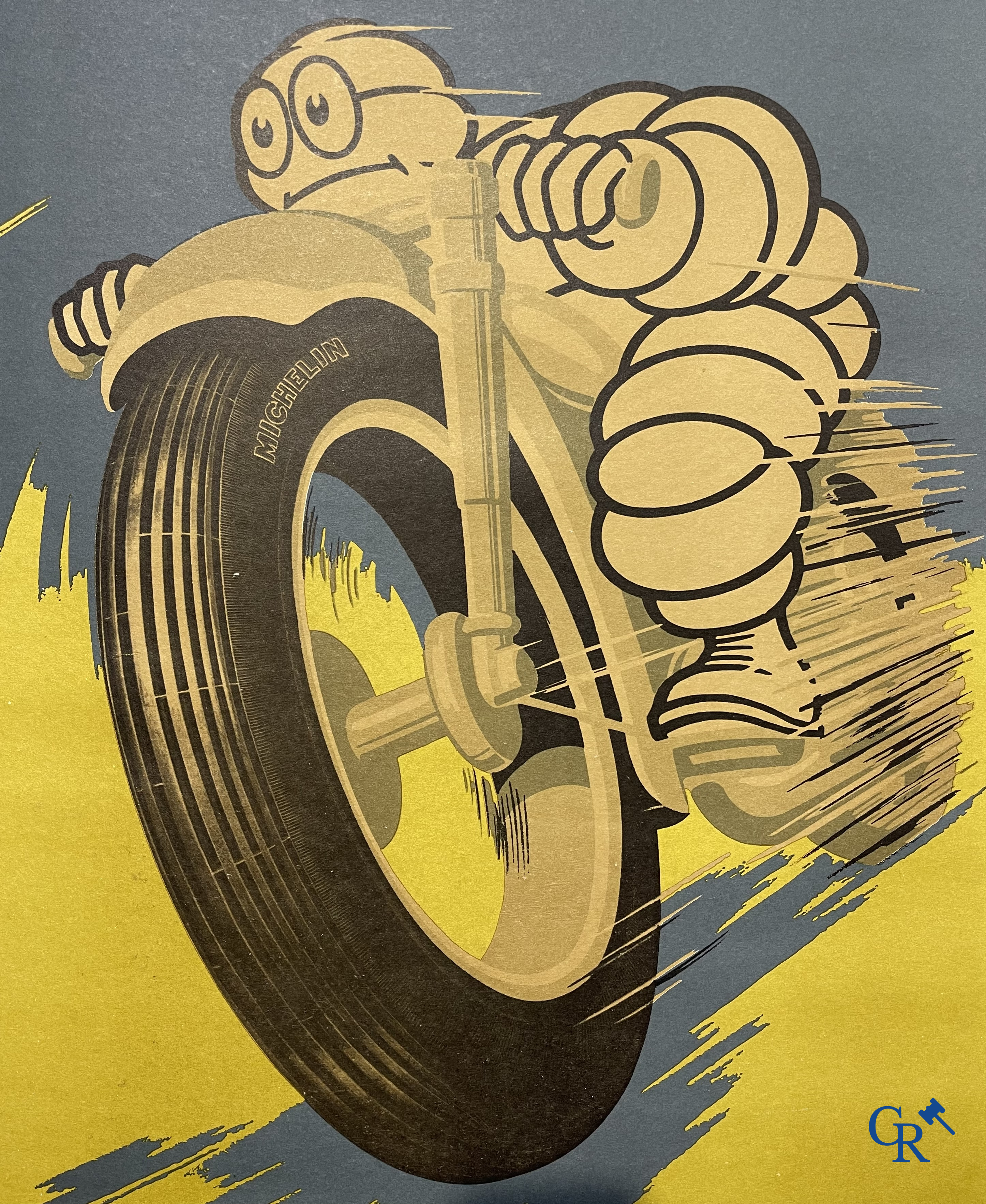 Michelin, original poster for Michelin motorcycle tyres, in aluminium frame. Verga-Milano 1959.