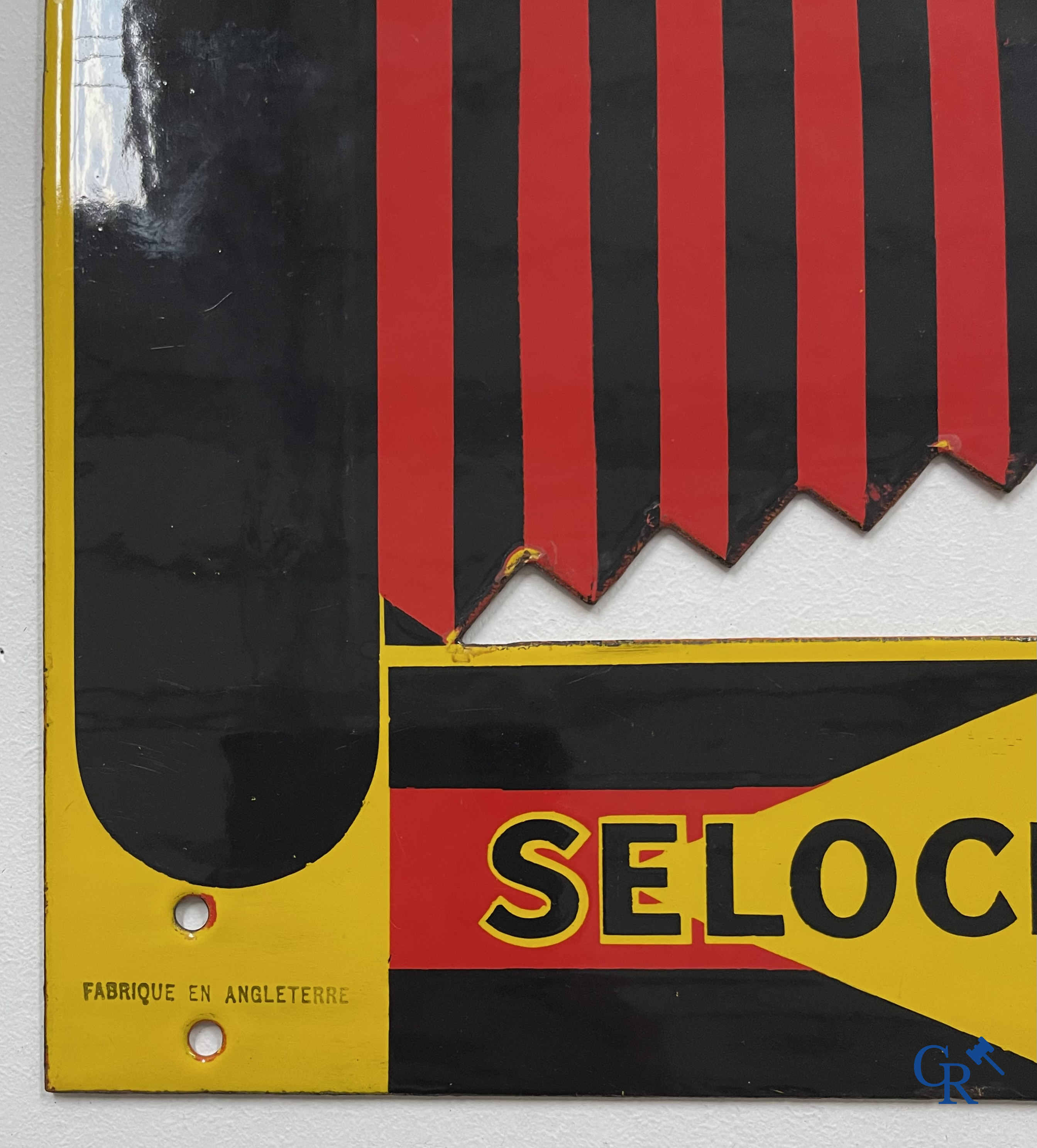 Selo Film, dubbelzijdig geëmailleerd publiciteitsbord voor filmrollen Selochrome. Fabrique en Angleterre. Jaren '30.