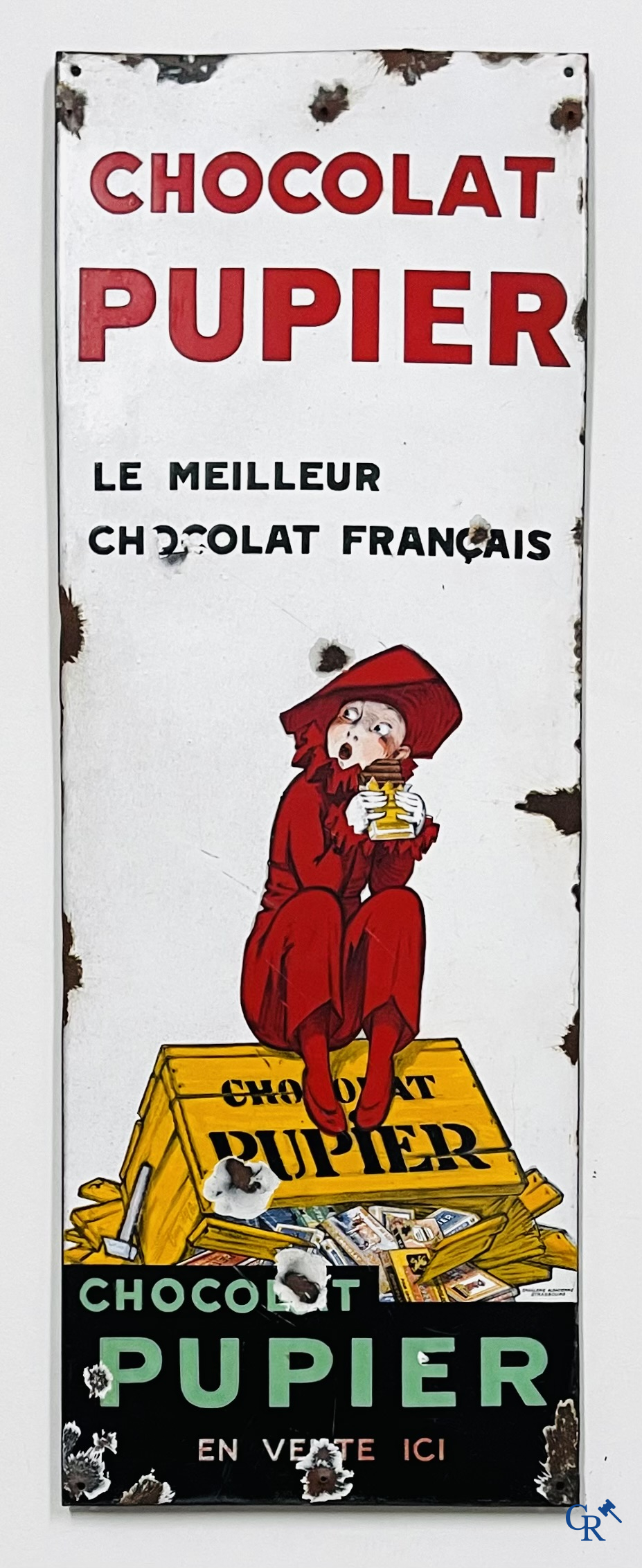 Chocolat Pupier, Enamel Advertising sign illustrated with the character designed by Jean D'Ylen. 1930's.