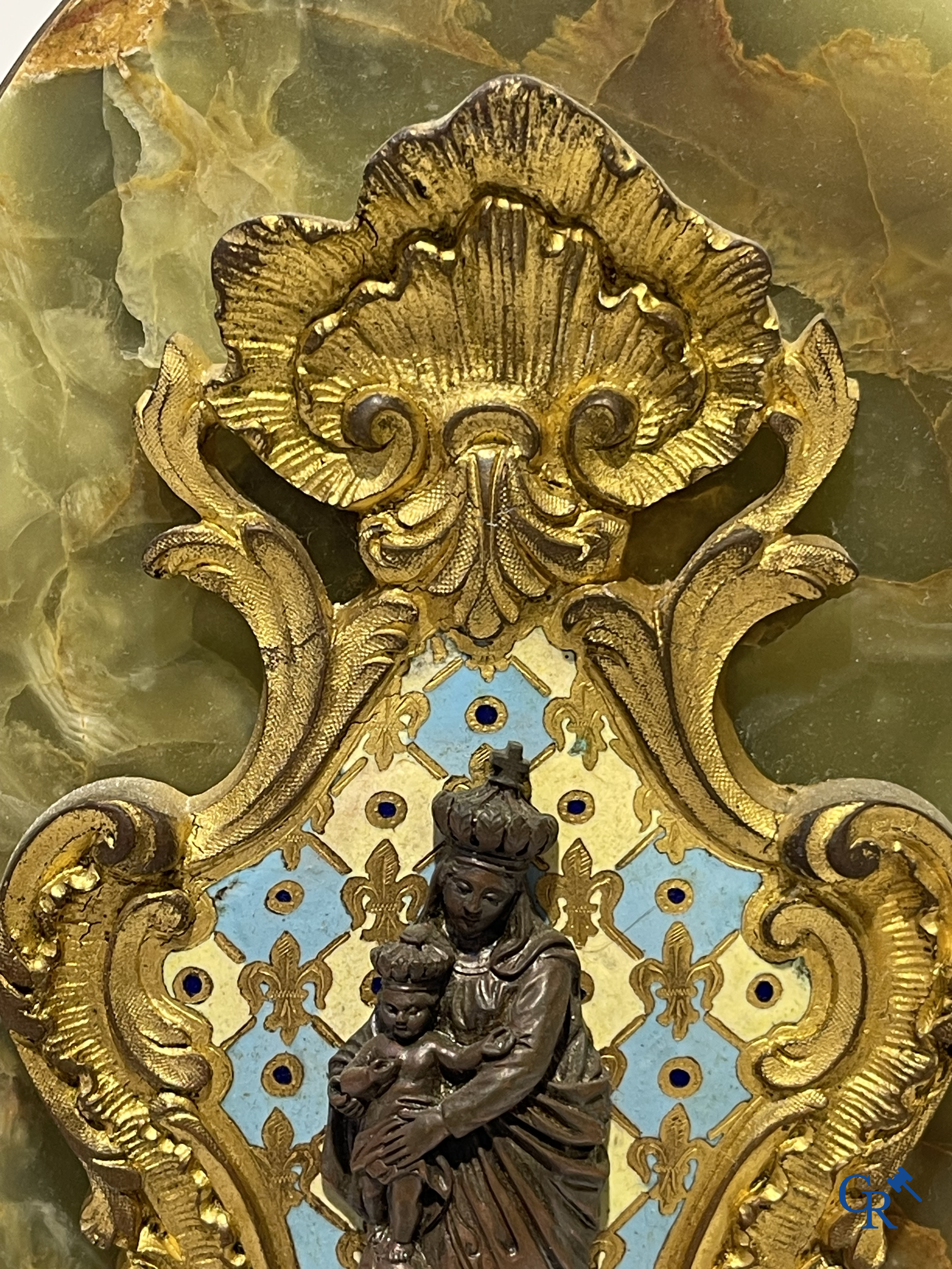 Religious objects, 2 holy water vessels in bronze and cloisonné and an alabaster statue of the sacred heart. 19th century.
