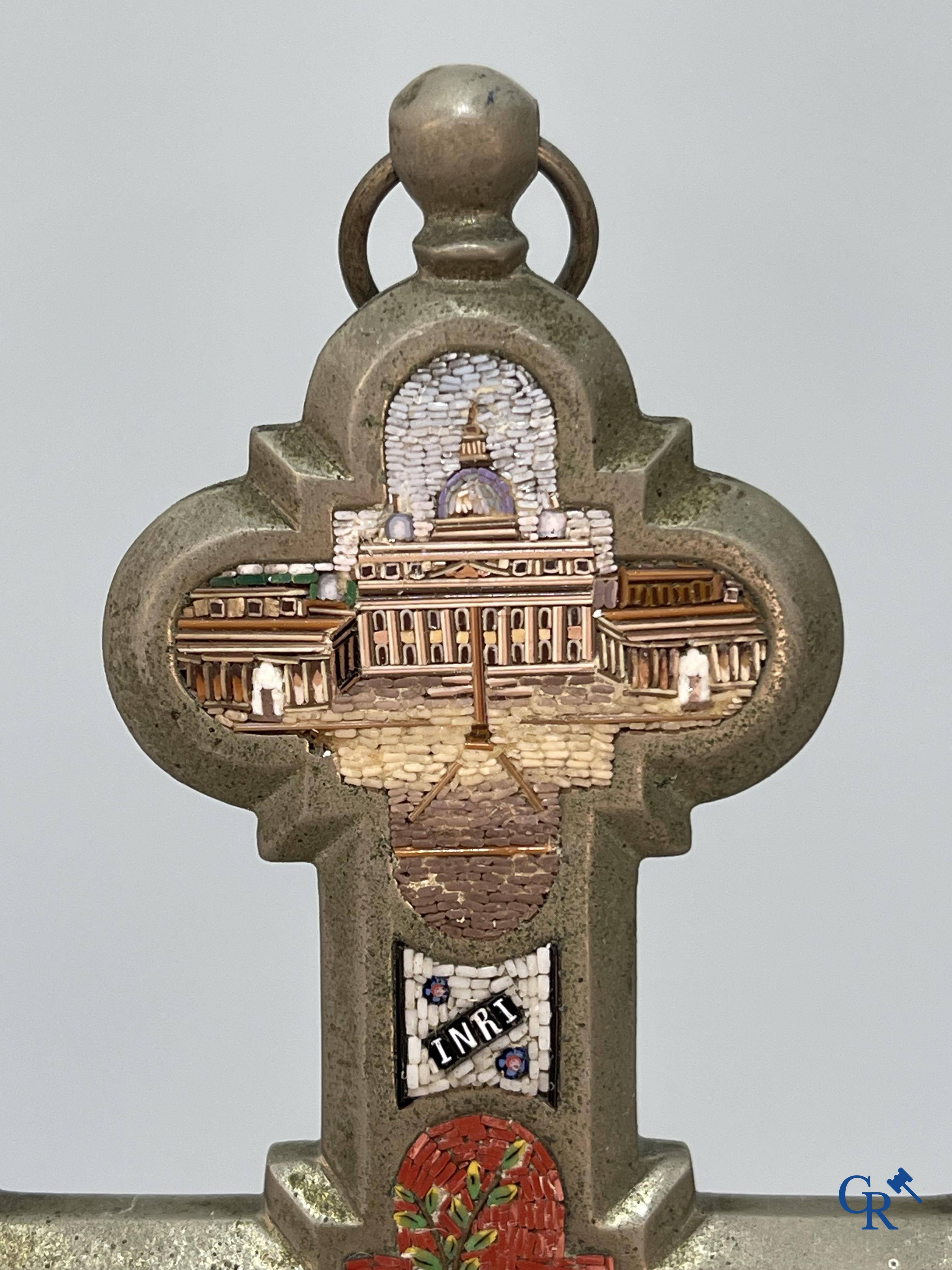 Religious objects, a bronze cross with finely inlaid micro mosaic. Late 19th century.