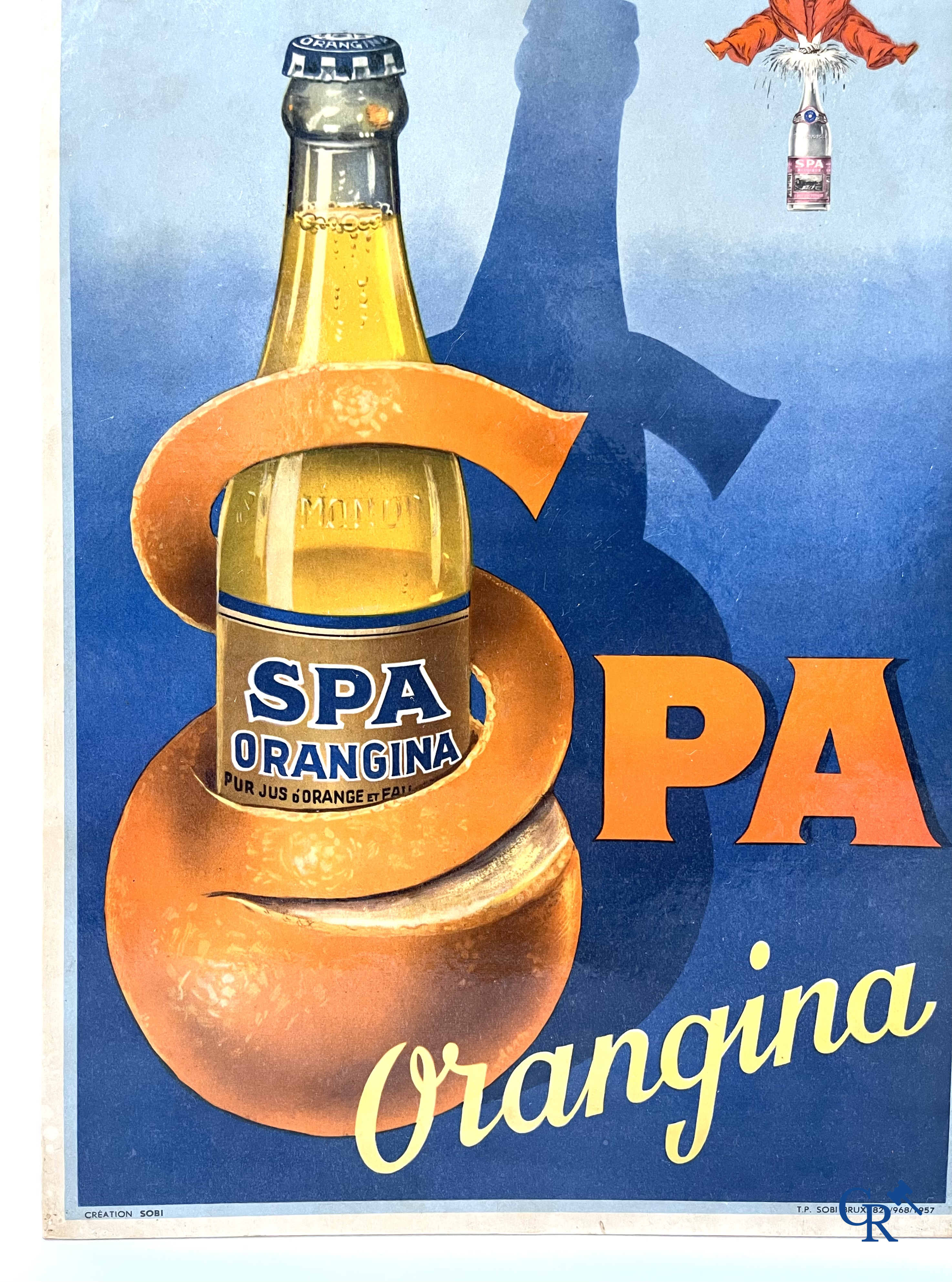 Spa, a publicity printed on metal for Spa Citron and a lithograph on cardboard for Spa Orangina. 1950's.