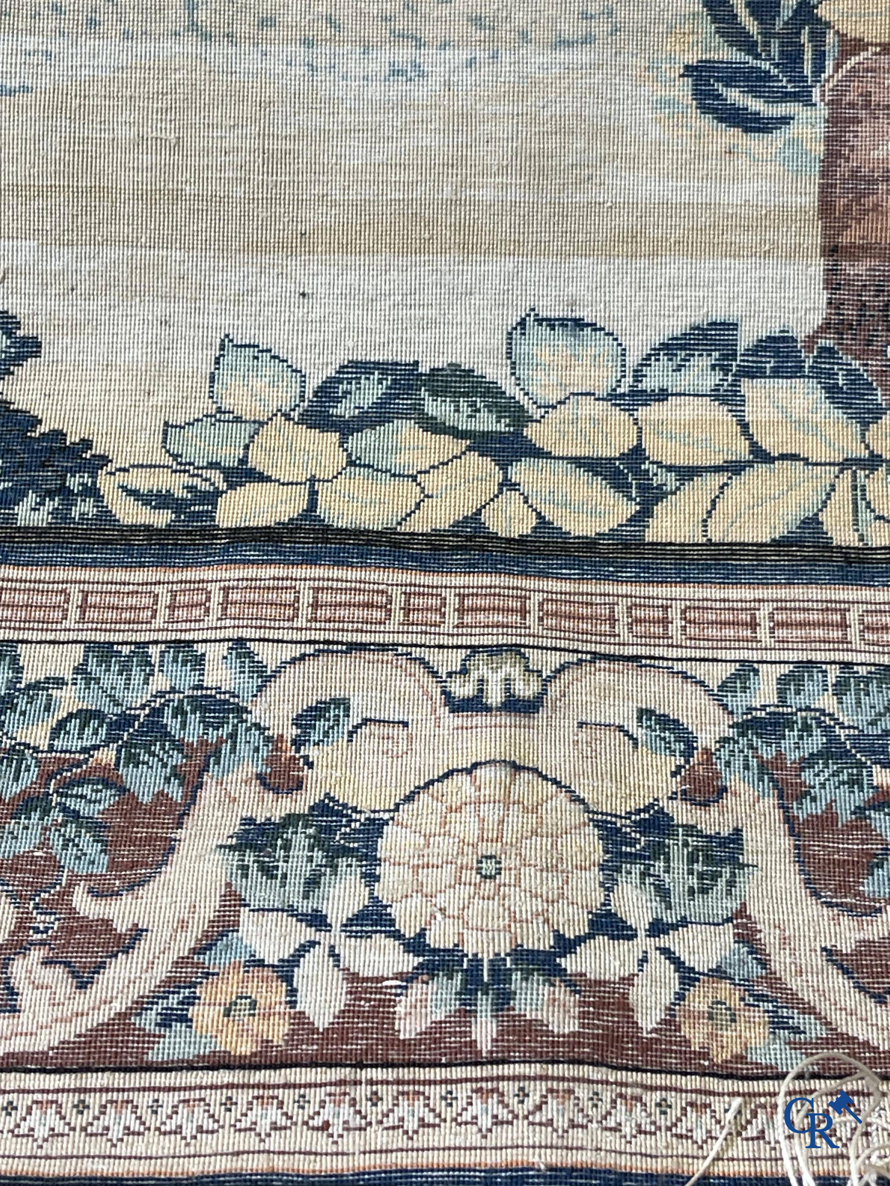 Oriental carpets, a finely knotted silk tapestry with Renaissance scenes. Signed.