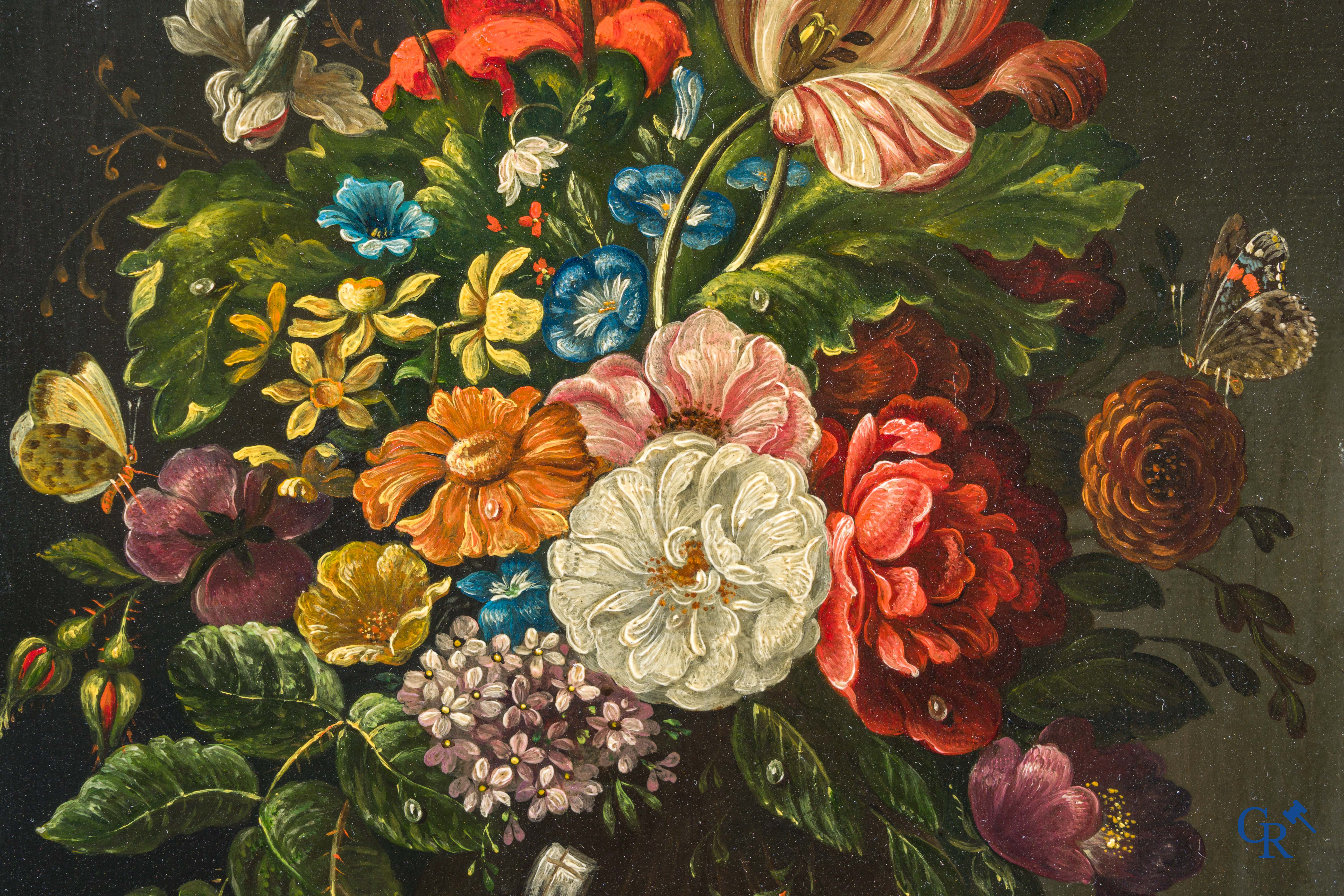 Painting. Still life with flowers and insects. Oil on copper. 18th-19th century.