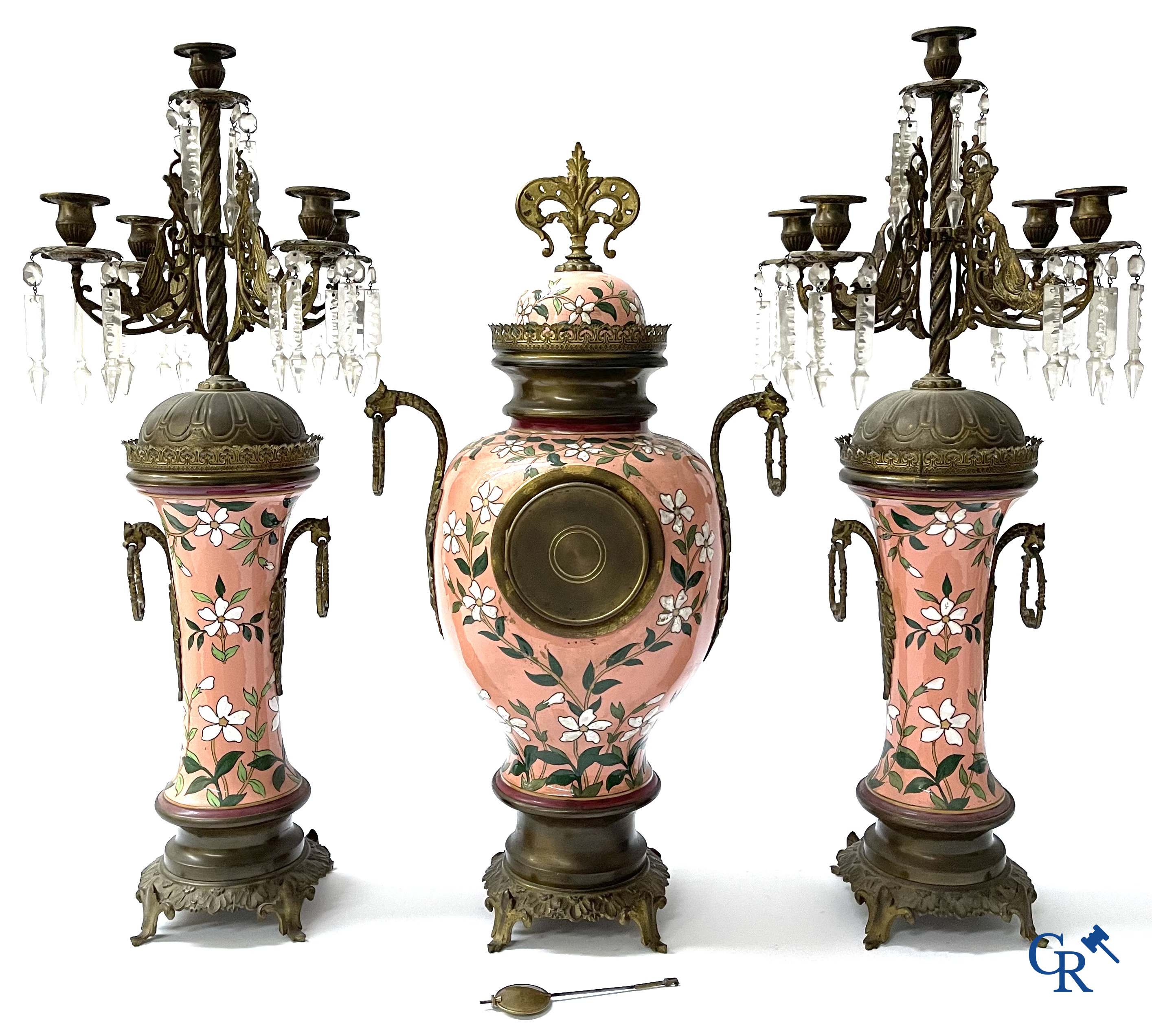 A large 3-piece fireplace set in enamelled faience and bronze. Art Nouveau. Circa 1900.