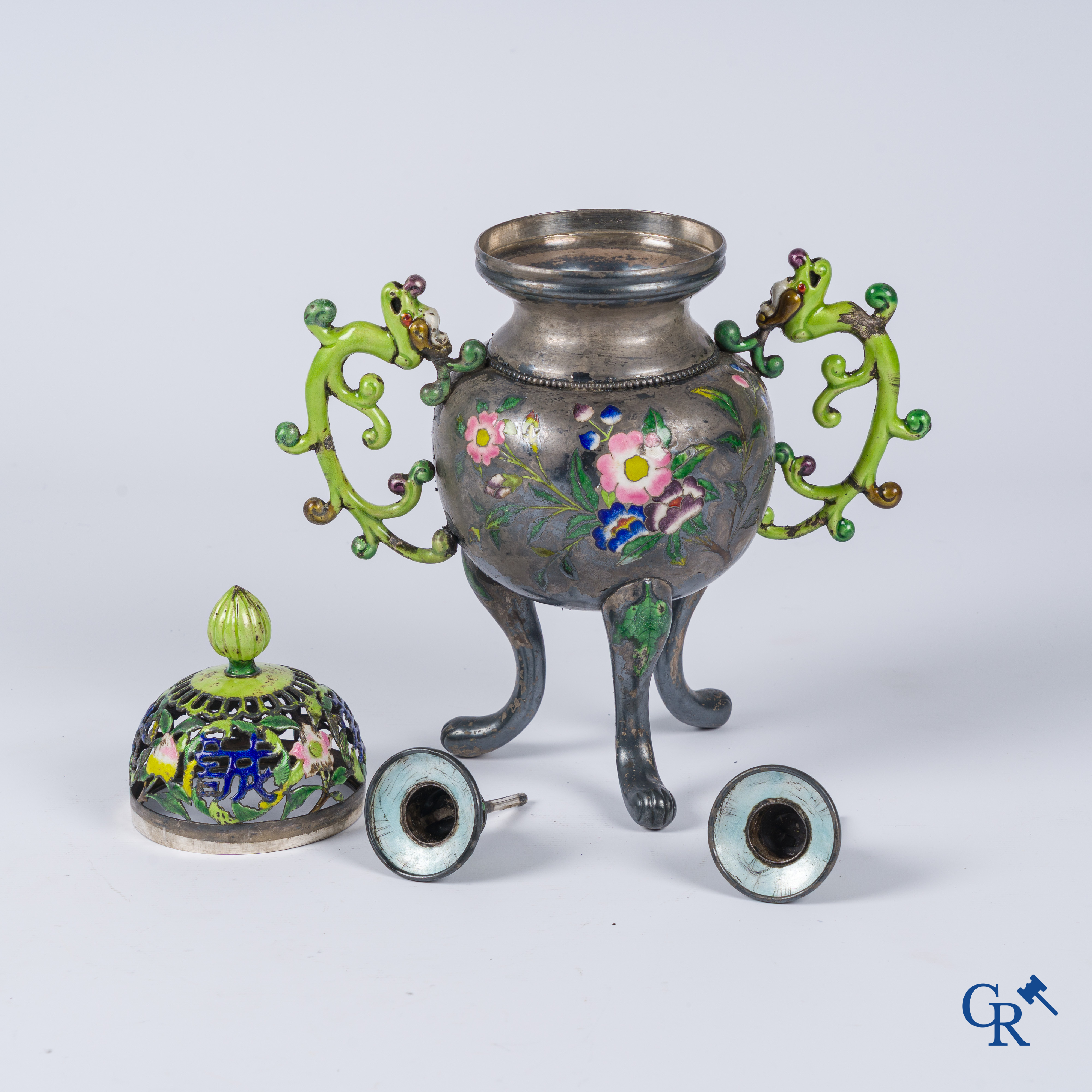 Asian Art, a Chinese silver and enamelled incense burner with candle holders. Marked. 18th-19th century.