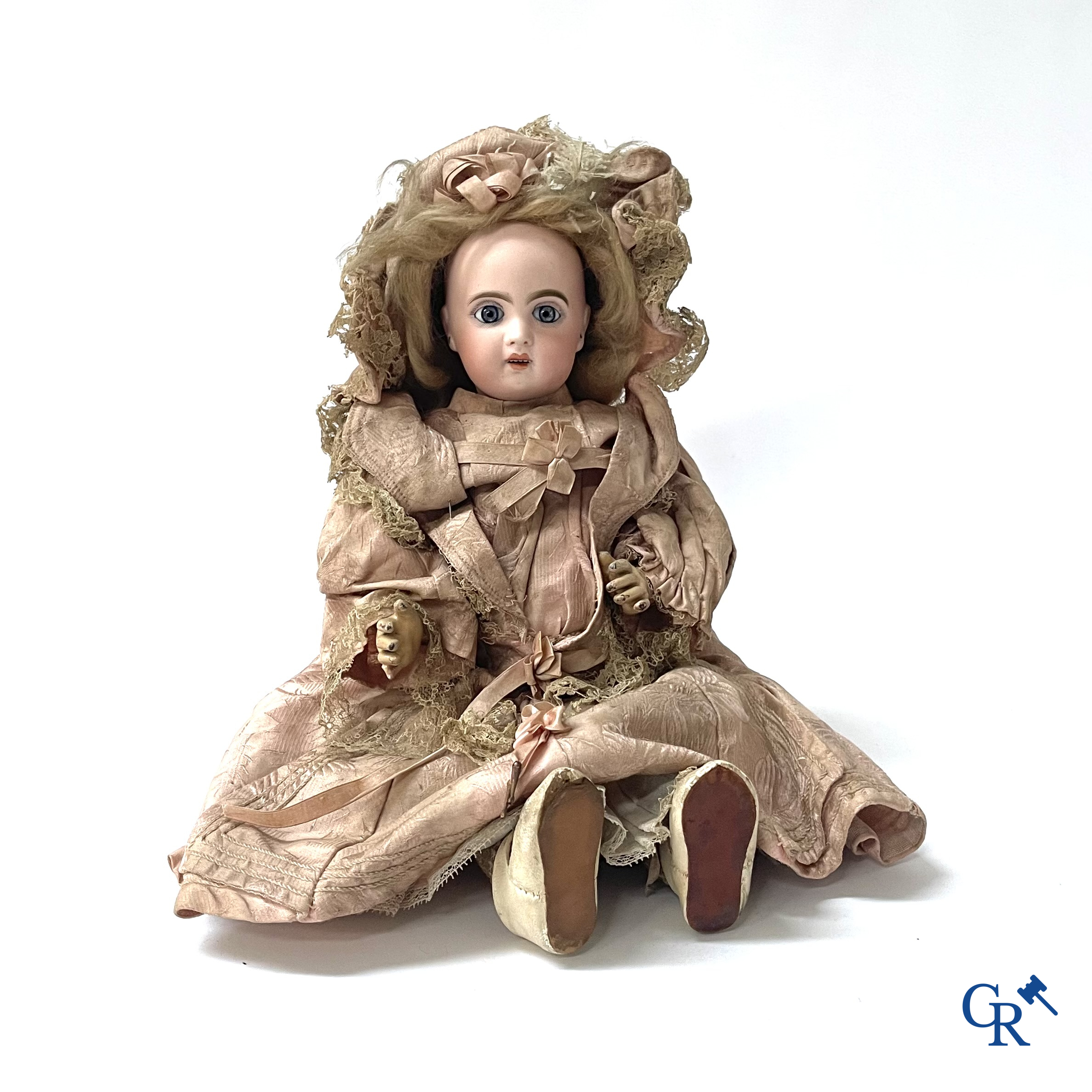 Old toys. Jumeau doll with porcelain head. Numbered 8, original clothing and shoes.