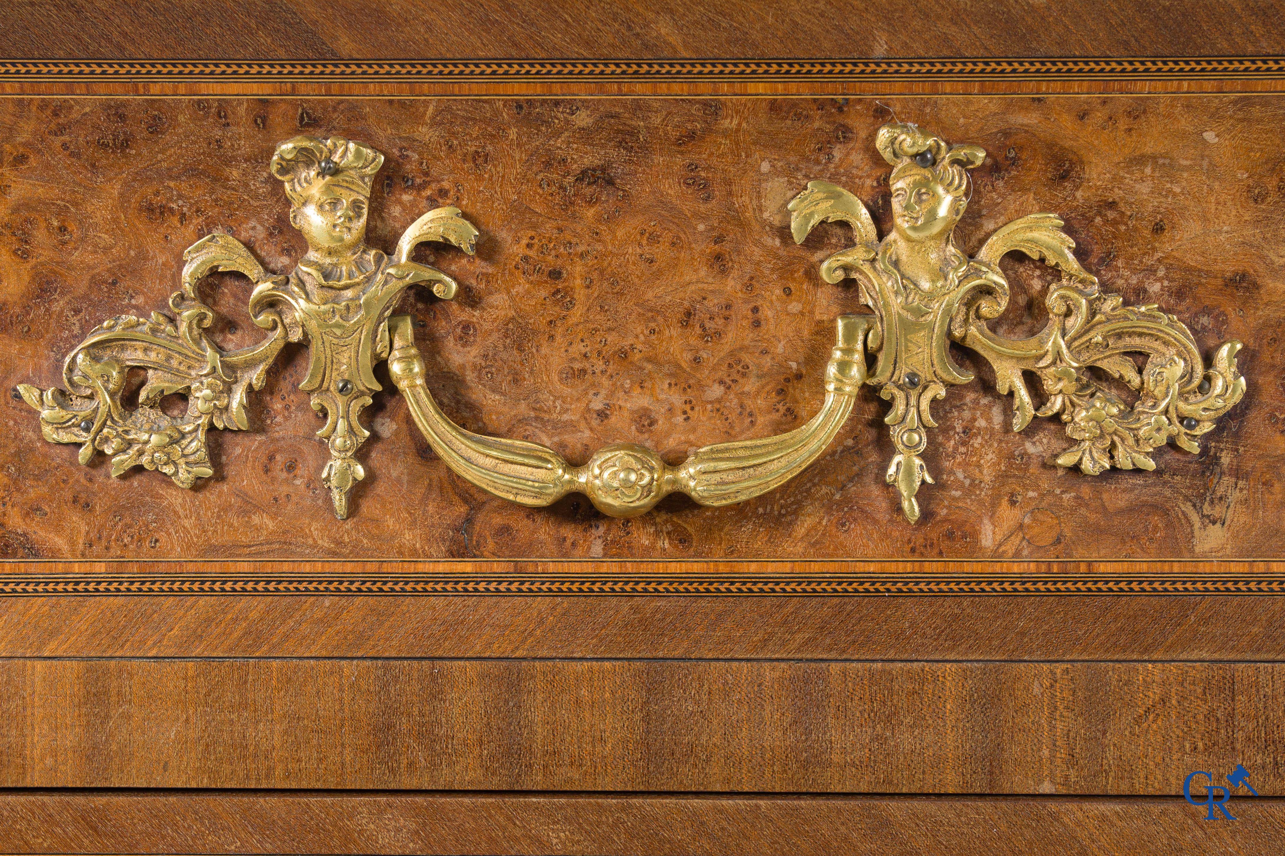 Chest of drawers with bronze fittings and a marble top, LXV style.