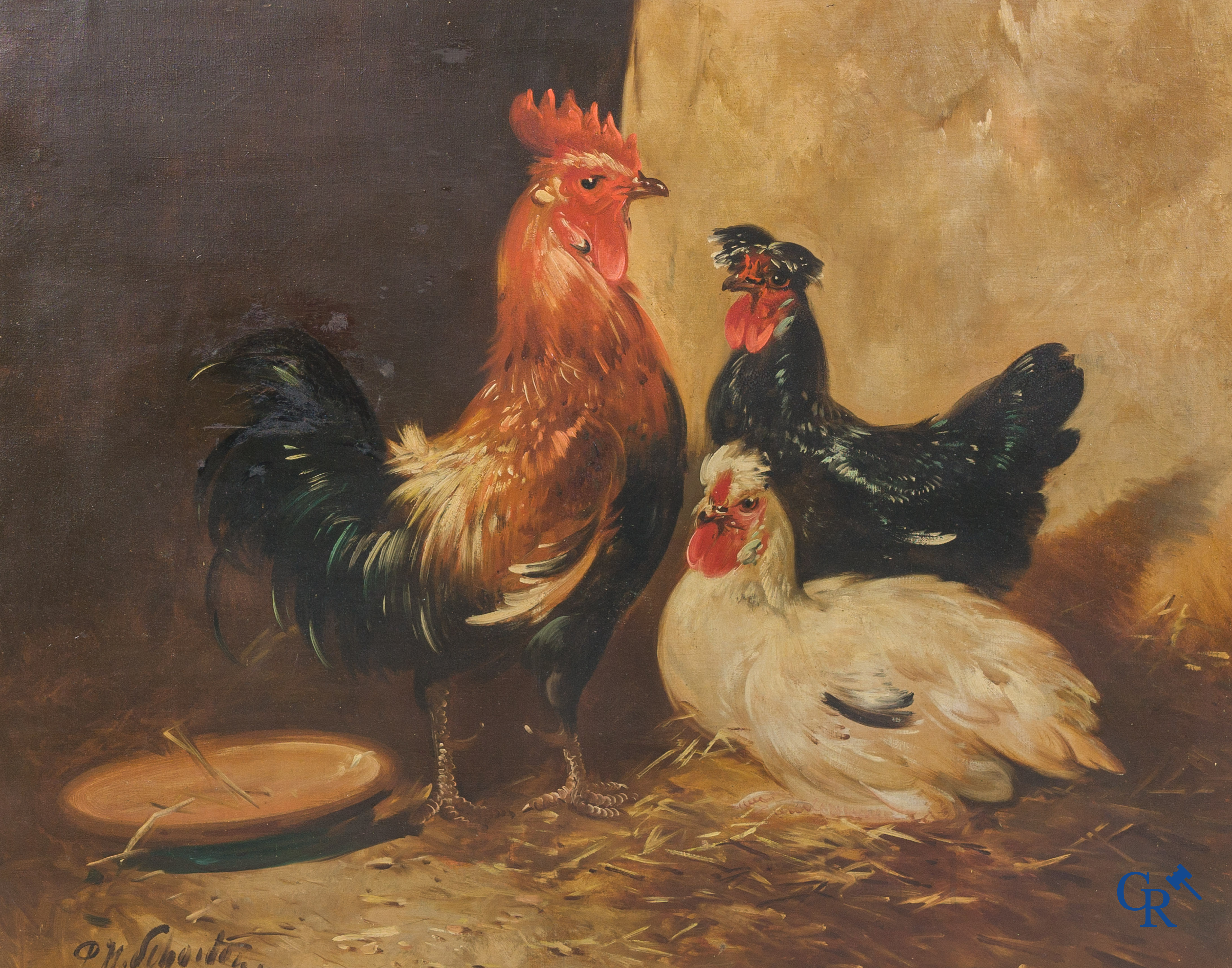 P.H. Schouten, Het hoenderhok. Olie op doek. Gesigneerd linksonder.