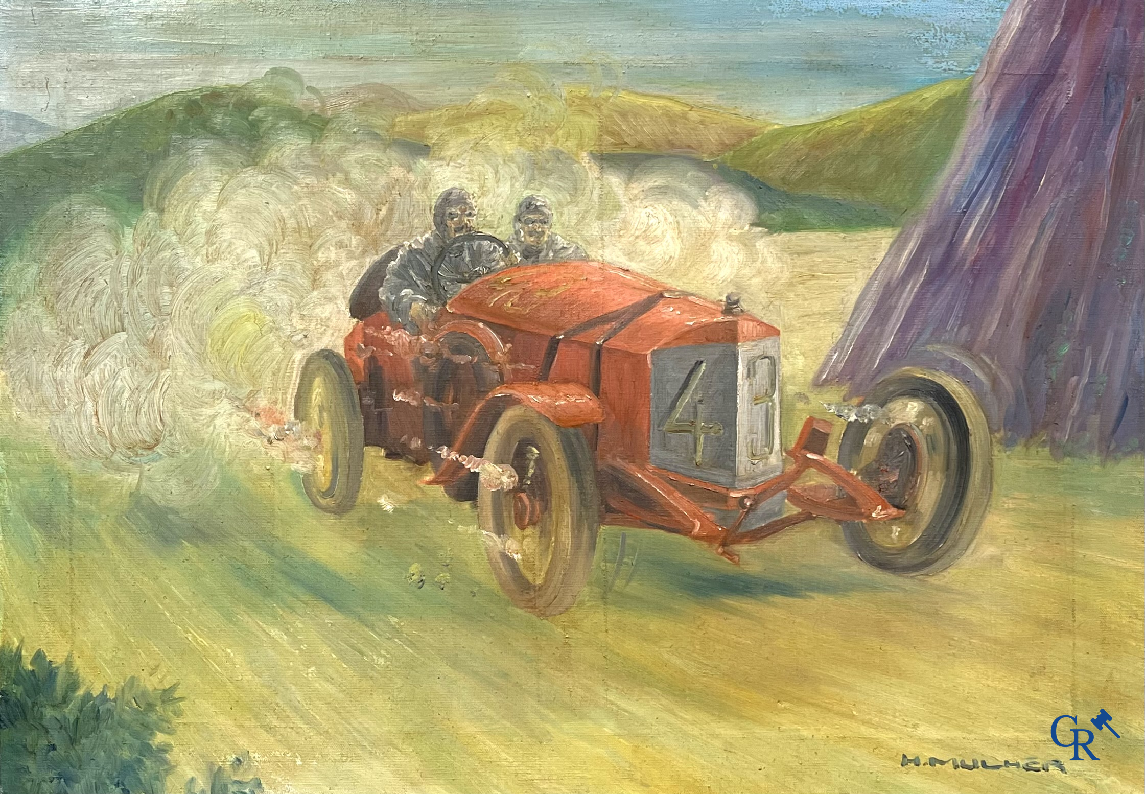 H. Mulher, "Course Automobile". Painting, oil on canvas with a 1920's racing car numbered 43.