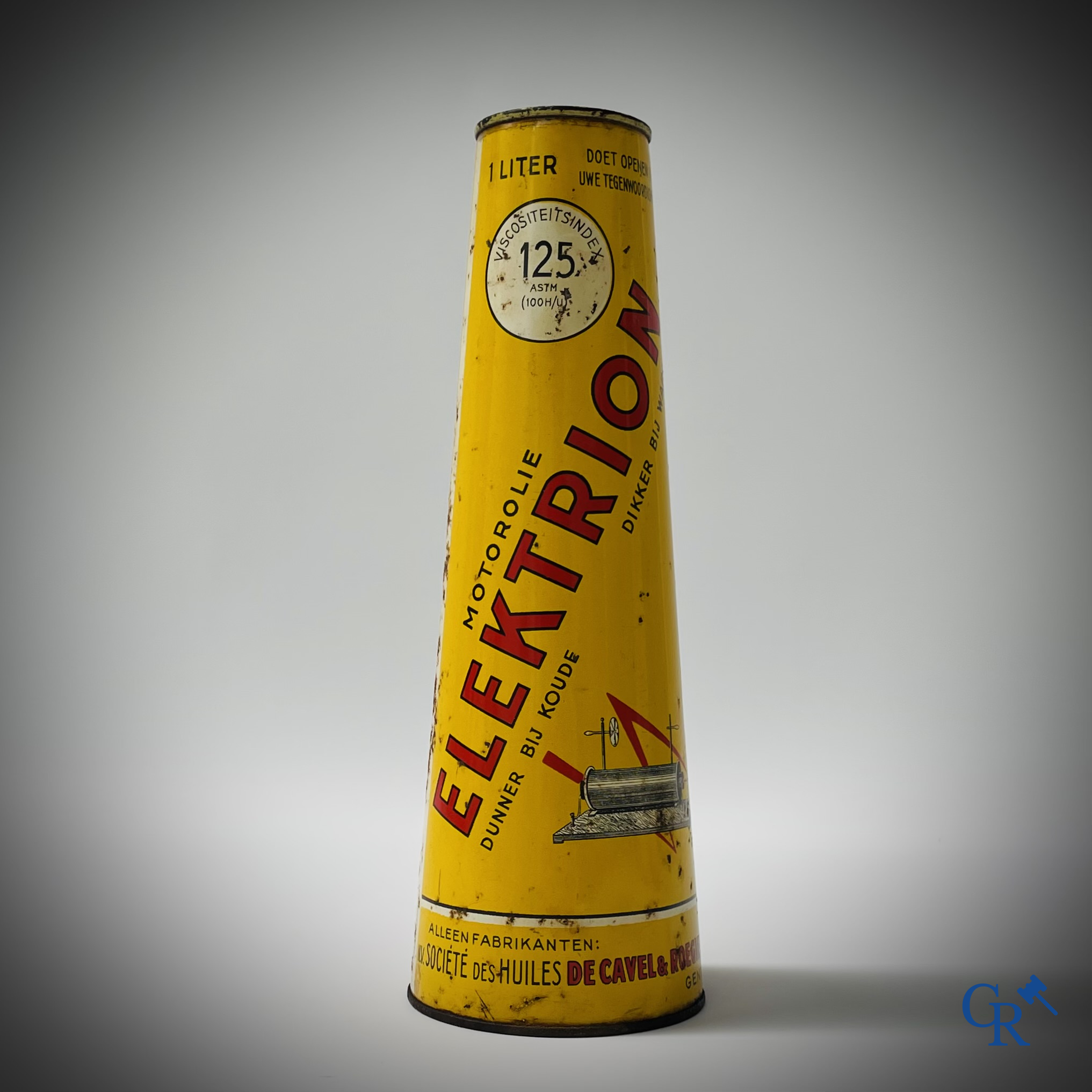 Elektrion, conisch olieblik 1 Liter. Société des Huiles De Cavel & Roegiers S.A. Gand. Ets. J.B. Gabriels Bruxelles.