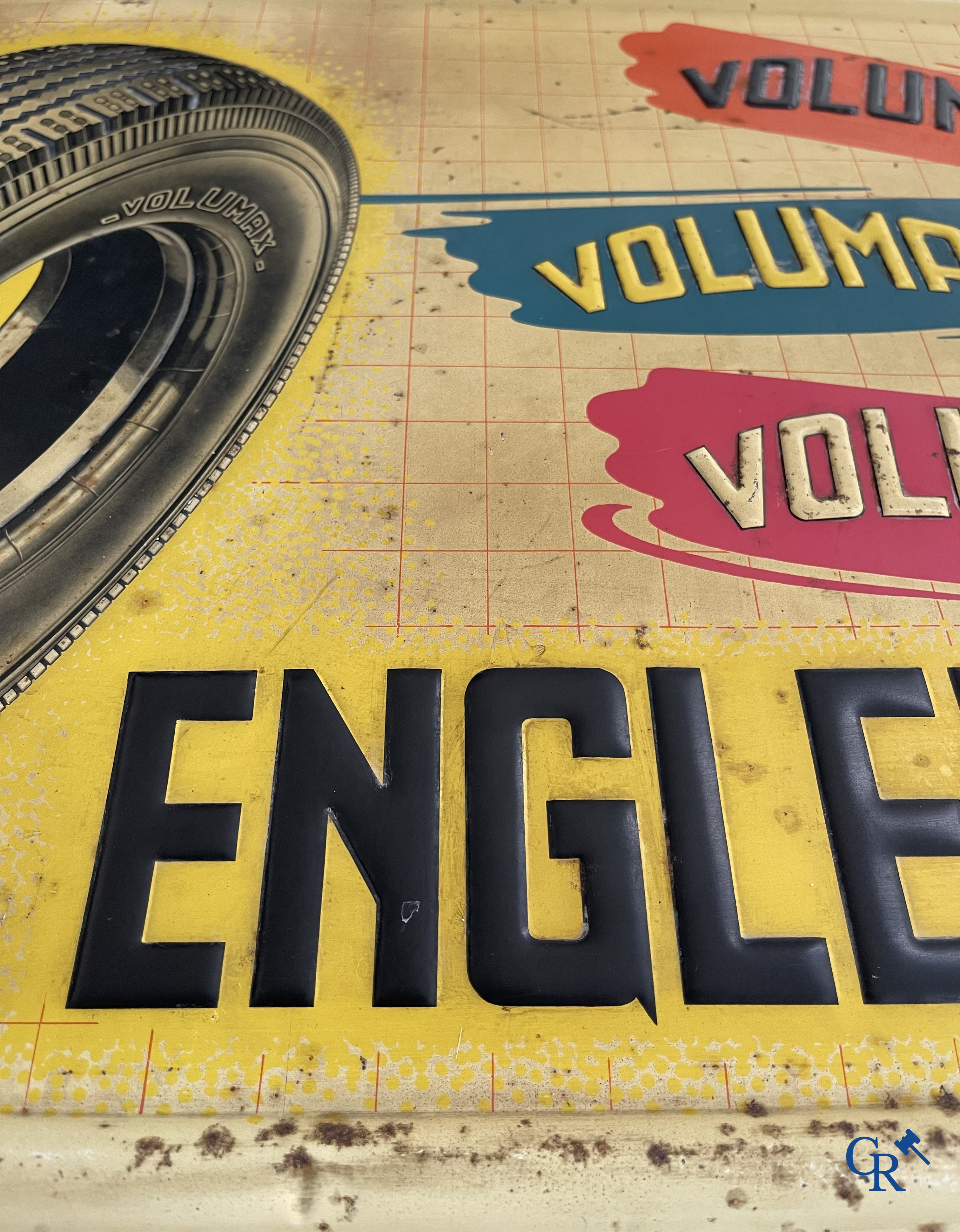 Englebert Volumax, publiciteit gedrukt op metaal voor Englebert banden. Etabl. J. Schuybroek S.A. Hoboken Anvers. 1952.
