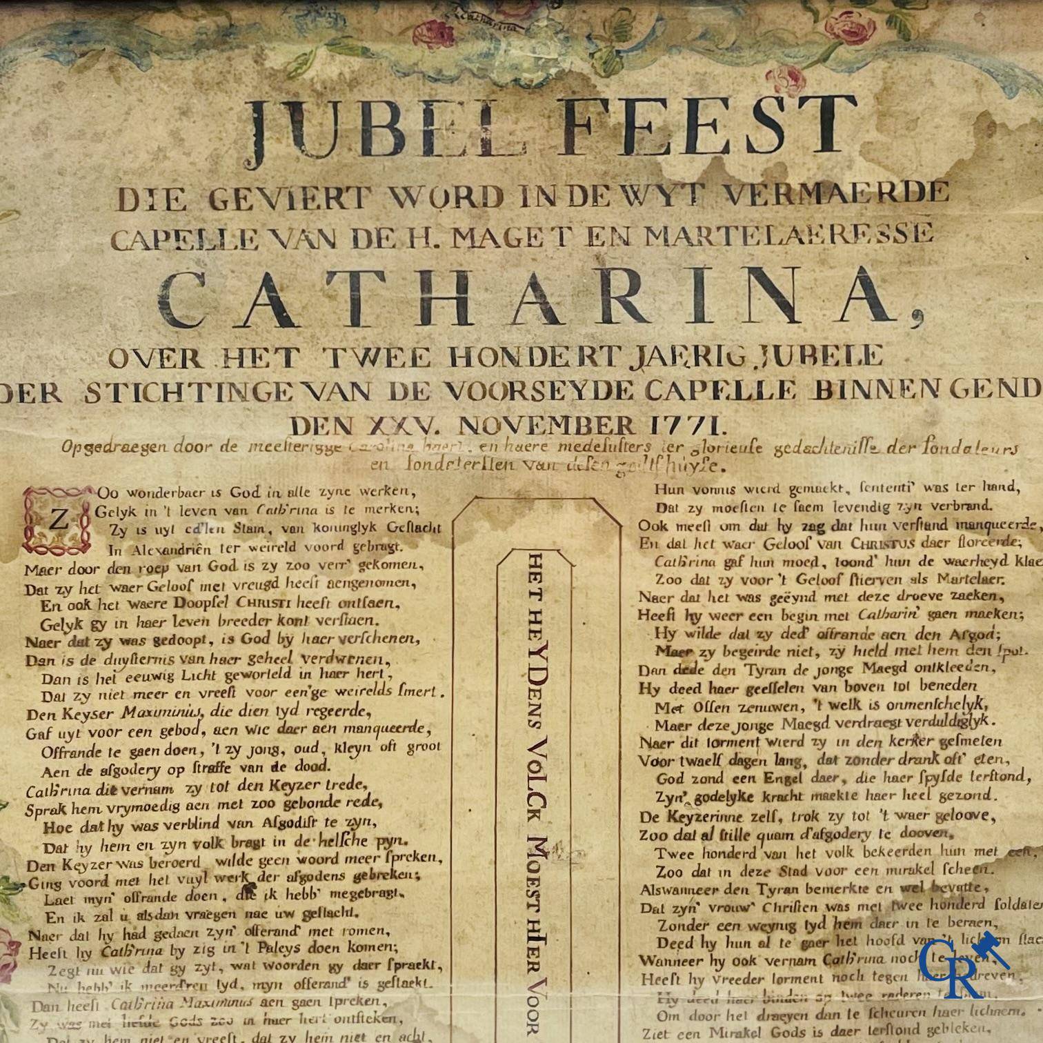 Une annonce manuscrite et colorée pour la fête du jubilé dans la chapelle Catharina le XXV novembre 1771.