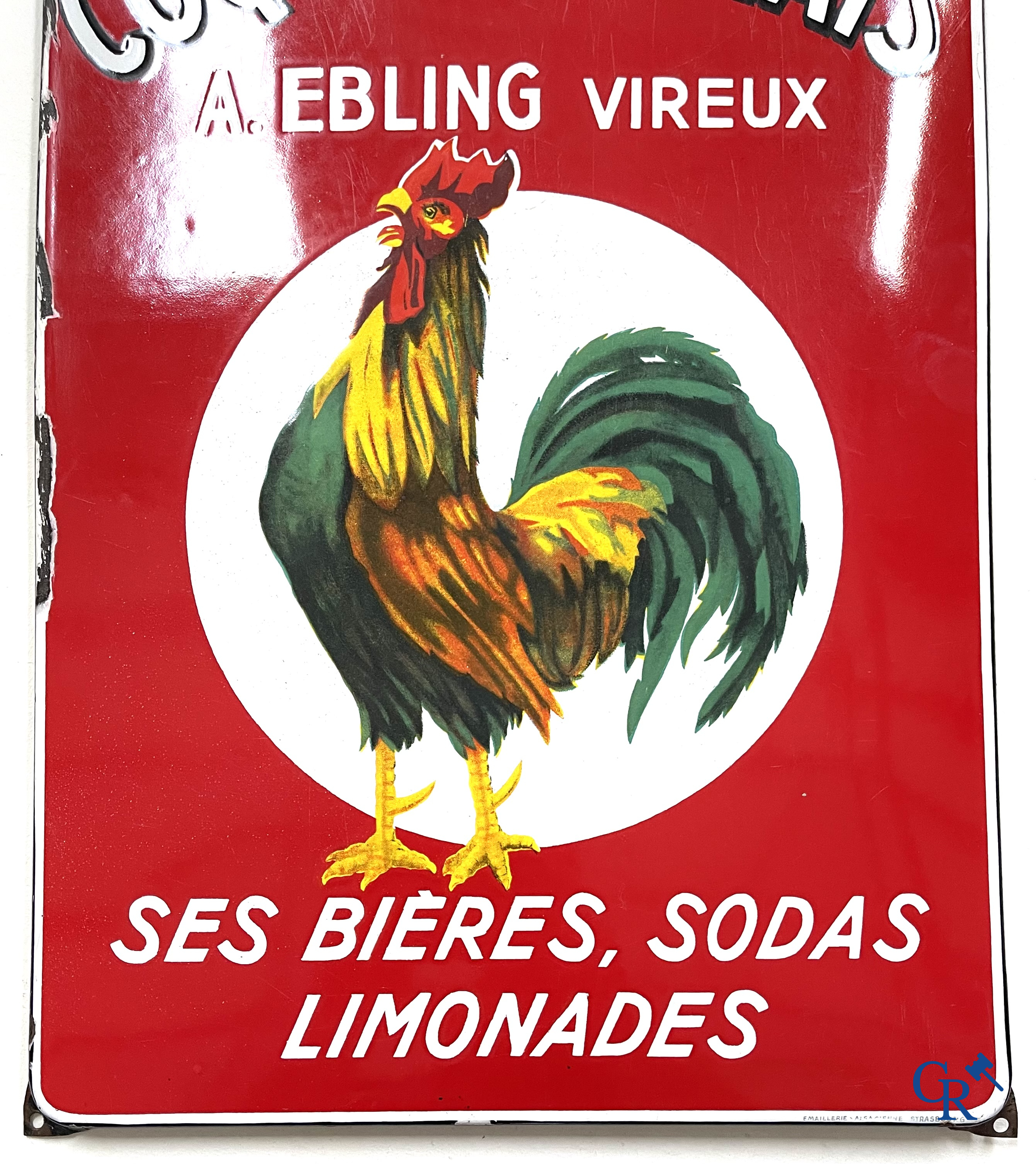 Brasserie du Coq Ardennais, Plaque émaillée publicitaire pour bières, sodas et limonades de la brasserie Ebling à Vireux.
