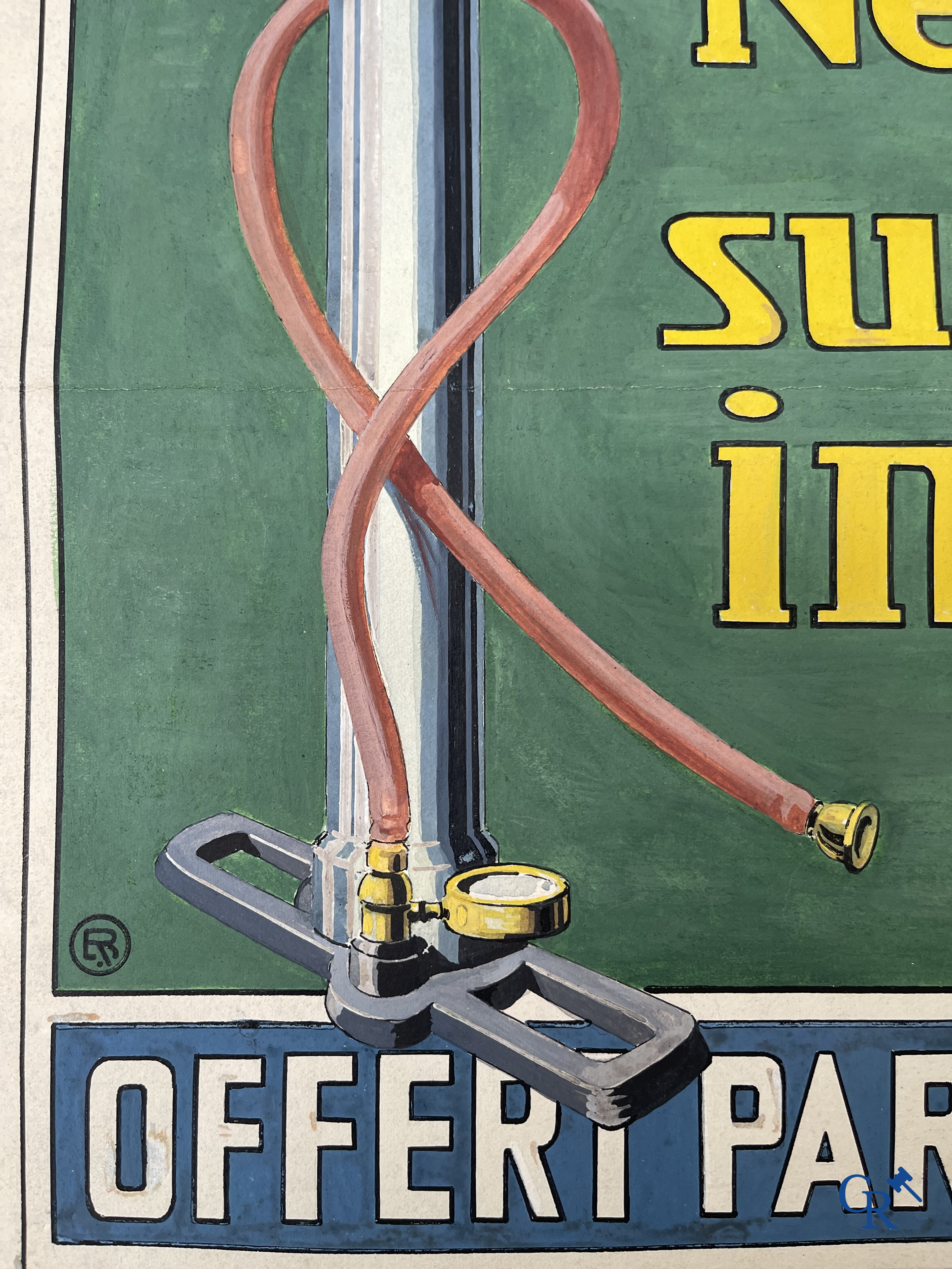 René Boby, een paar voorstelmodellen in gouache voor raadsborden van de Englebert bandenfabriek te Luik. Circa 1930.