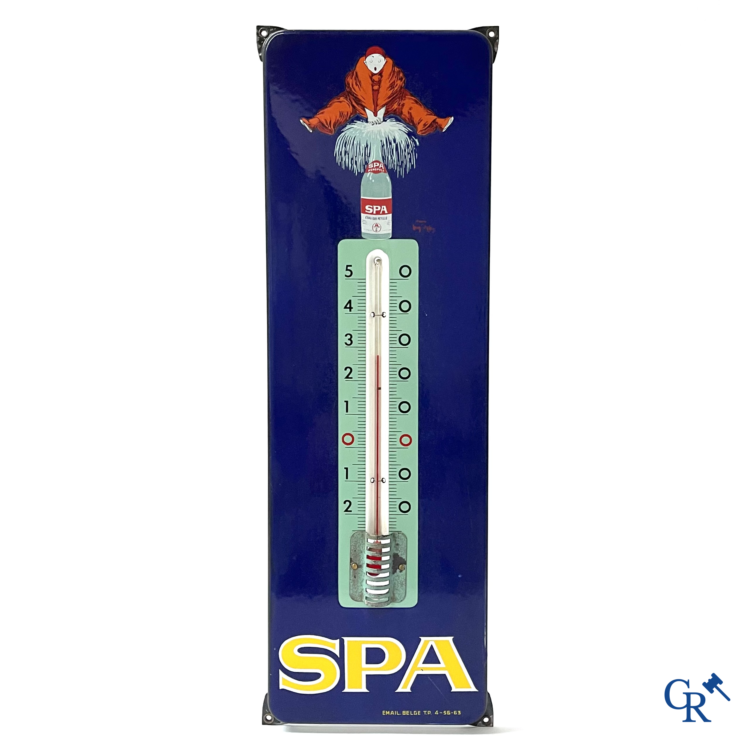 Spa, publicity thermometer in enamel with a representation of "Pierrot". Emaillerie Belge 1963.