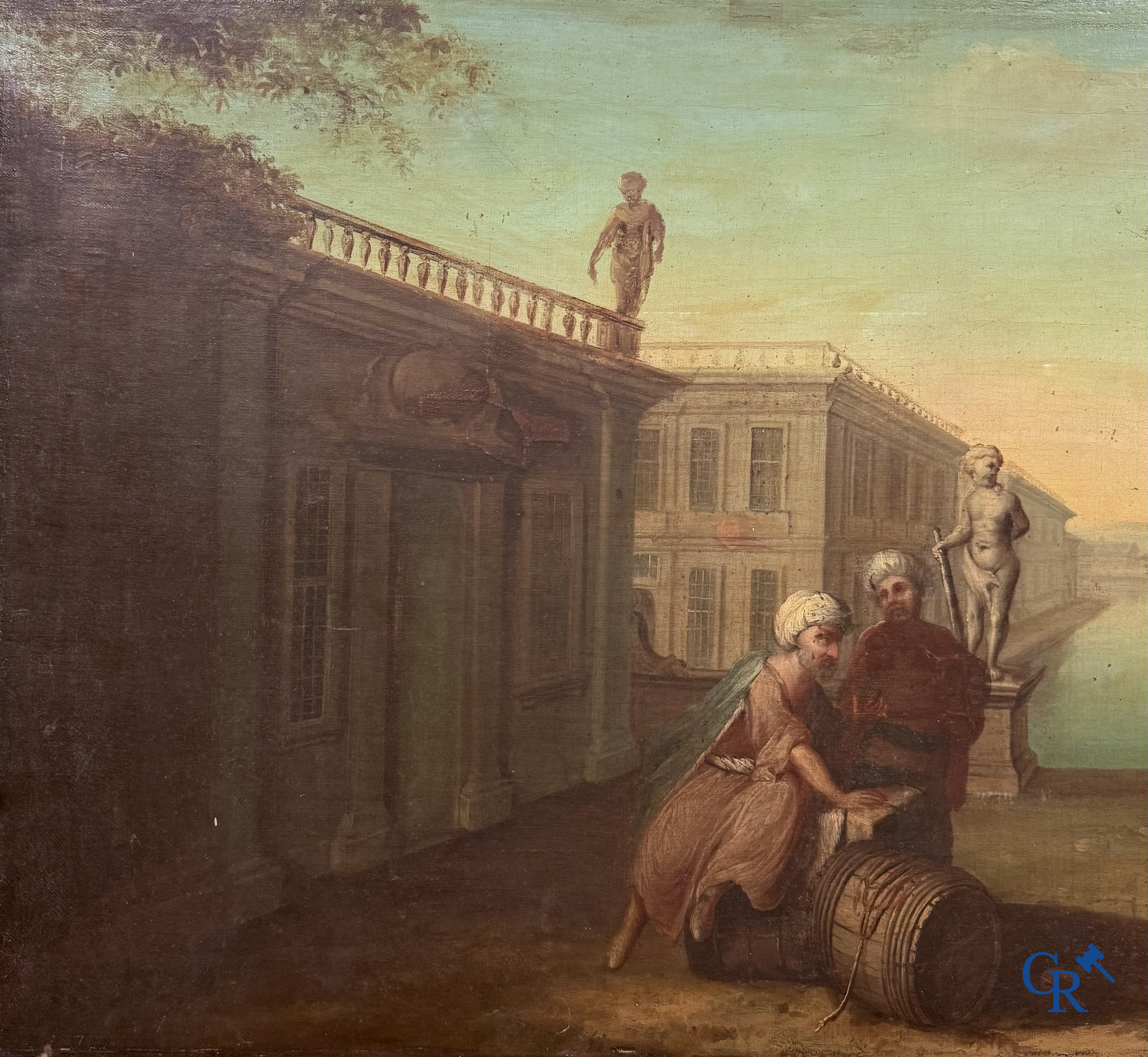 Painting. Harbour view with a Dutch flagship. Oil on canvas, 18th century.