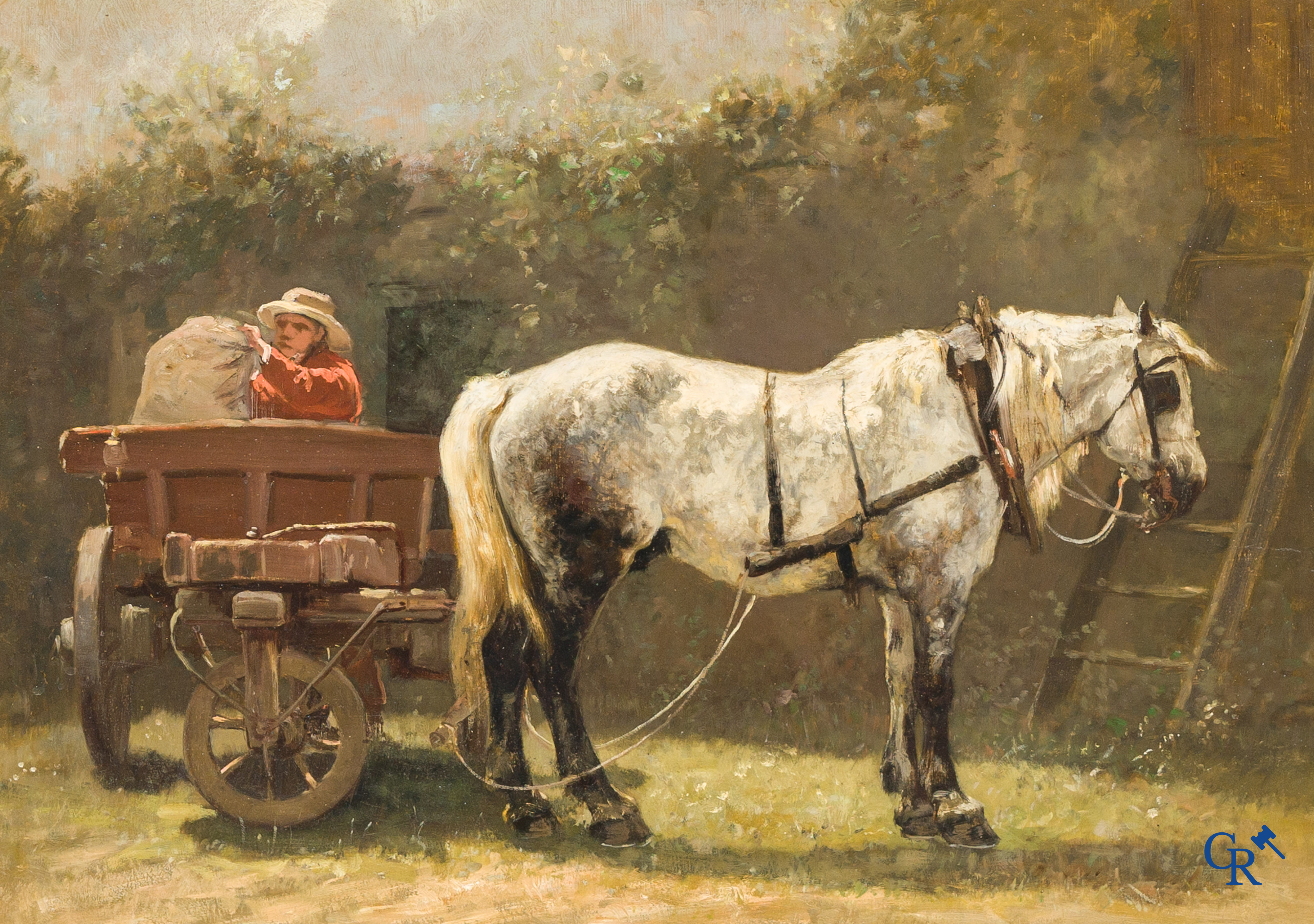 Edmond de Pratere (Kortrijk 1826 - Elsene 1888) "Op de Boerderij" Olie op mahoniehout. Gesigneerd.