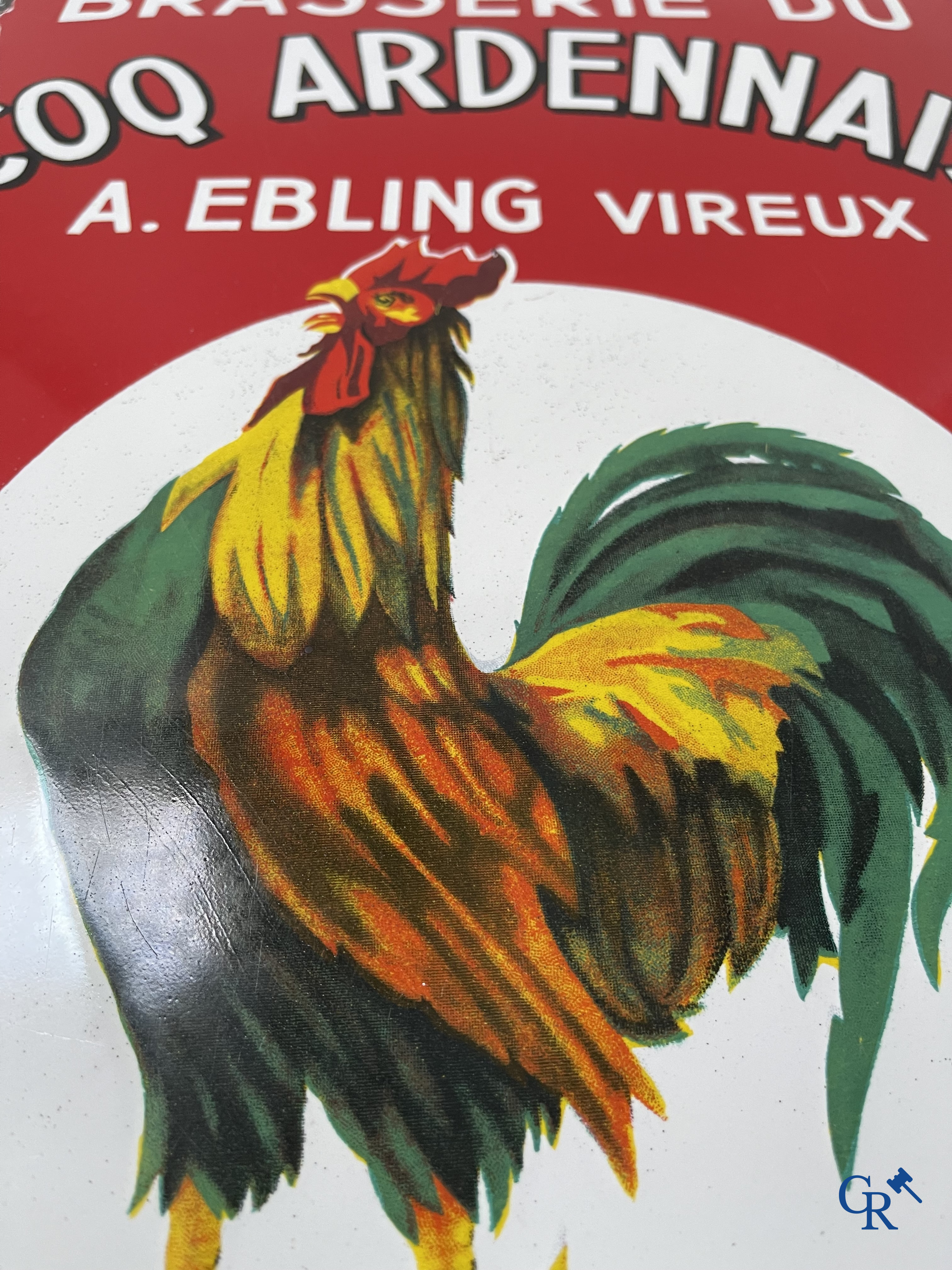 Brasserie du Coq Ardennais, Plaque émaillée publicitaire pour bières, sodas et limonades de la brasserie Ebling à Vireux.