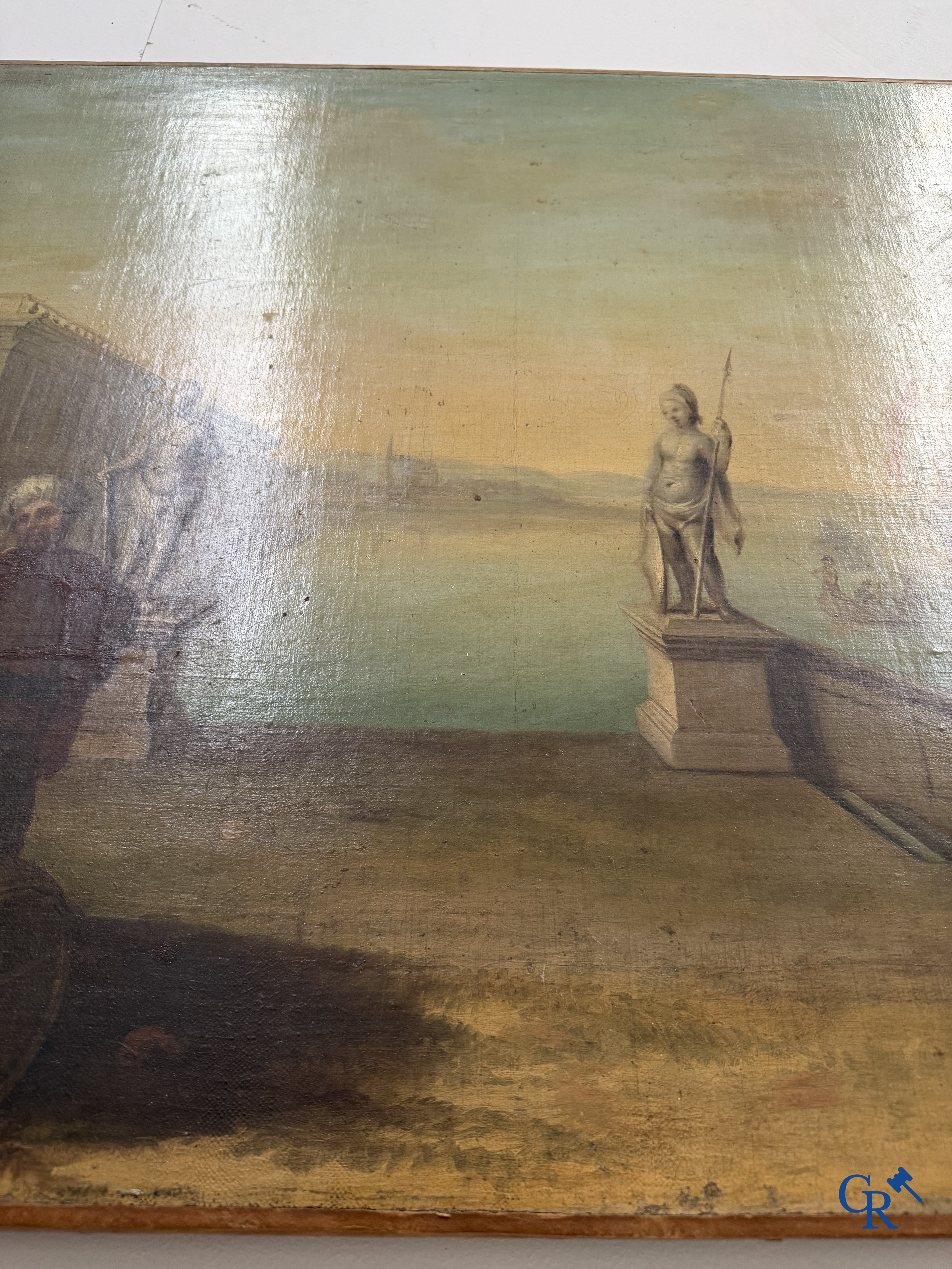 Painting. Harbour view with a Dutch flagship. Oil on canvas, 18th century.