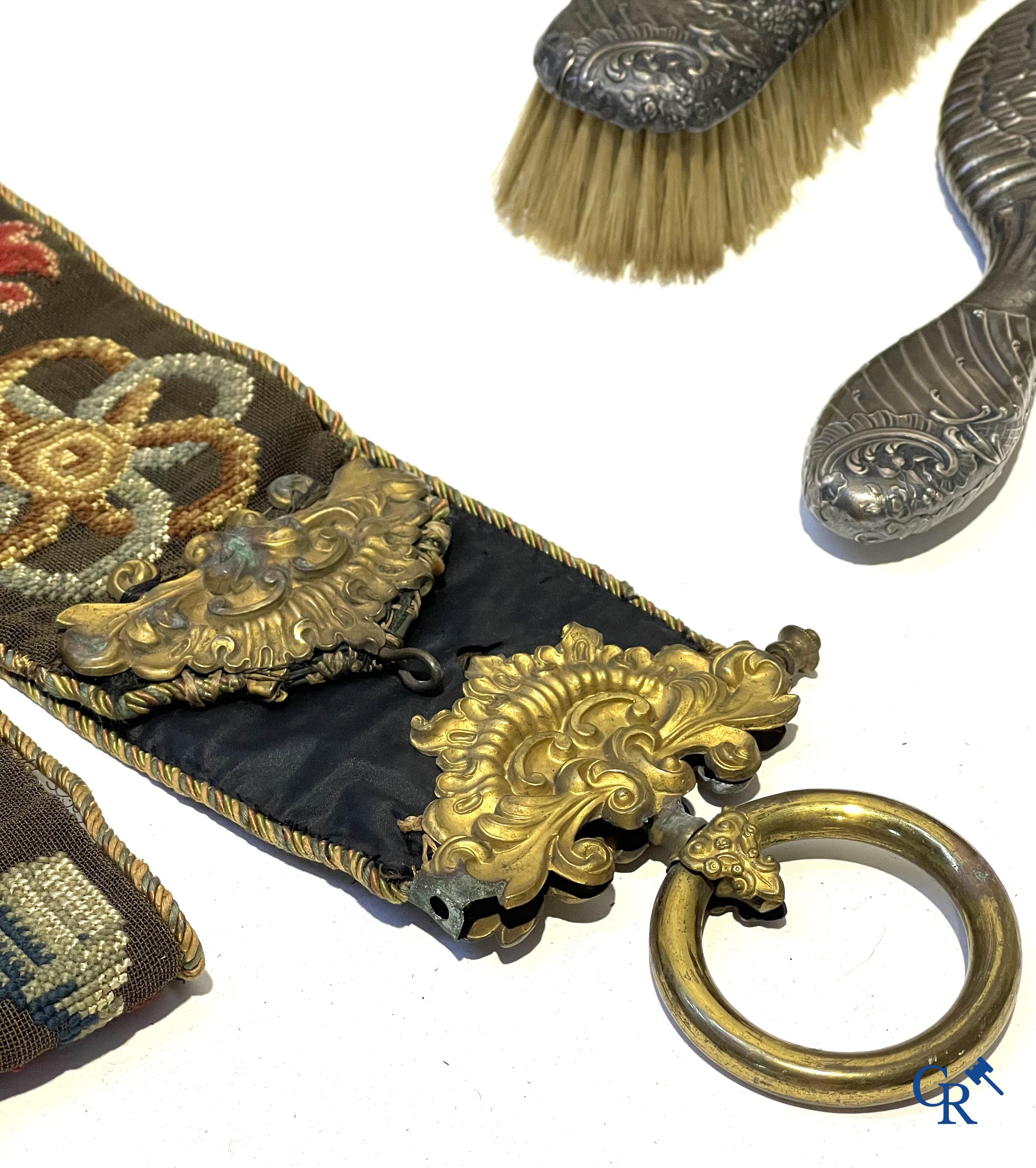 A nice lot of brocante, carafe with silver mounts, painting, wooden bust, old photo, etc.