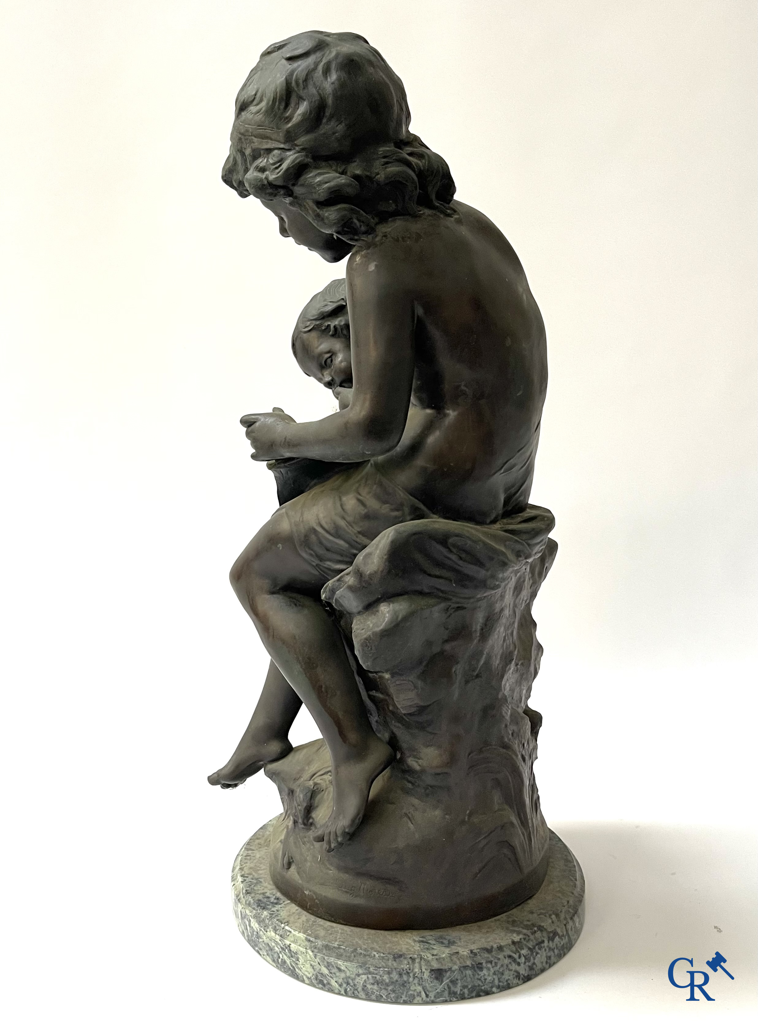 Auguste Moreau (after) Bronze statue on a green marble base. Posthumous. 20th century.