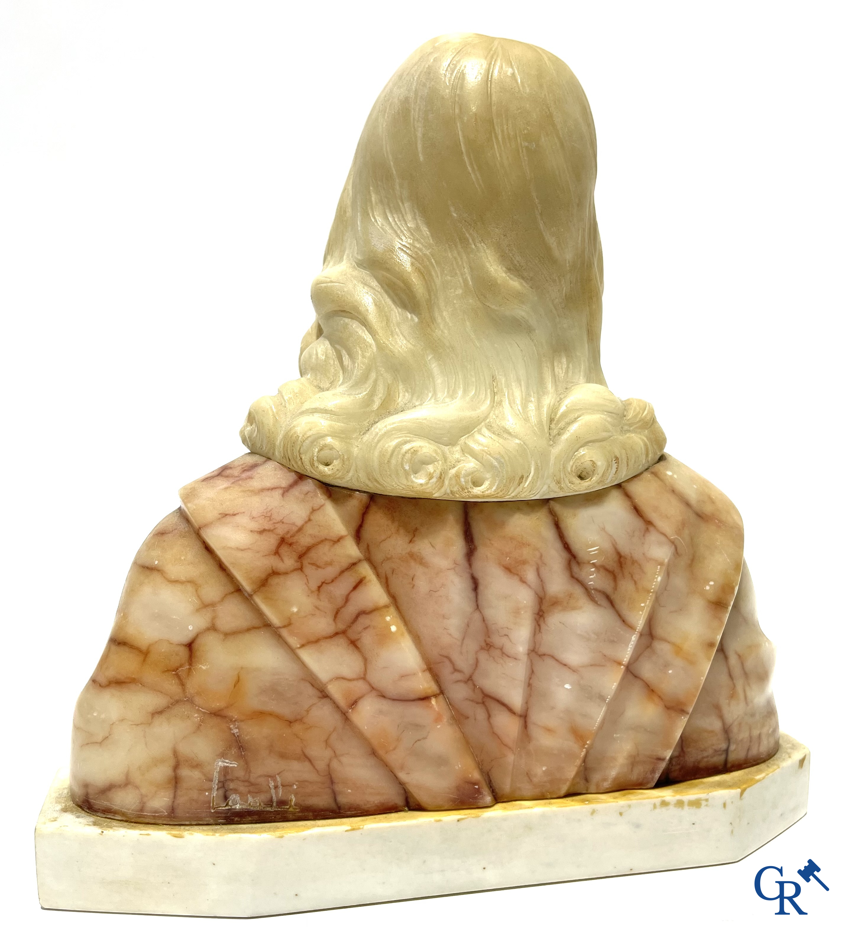 Religious objects, 2 holy water vessels in bronze and cloisonné and an alabaster statue of the sacred heart. 19th century.