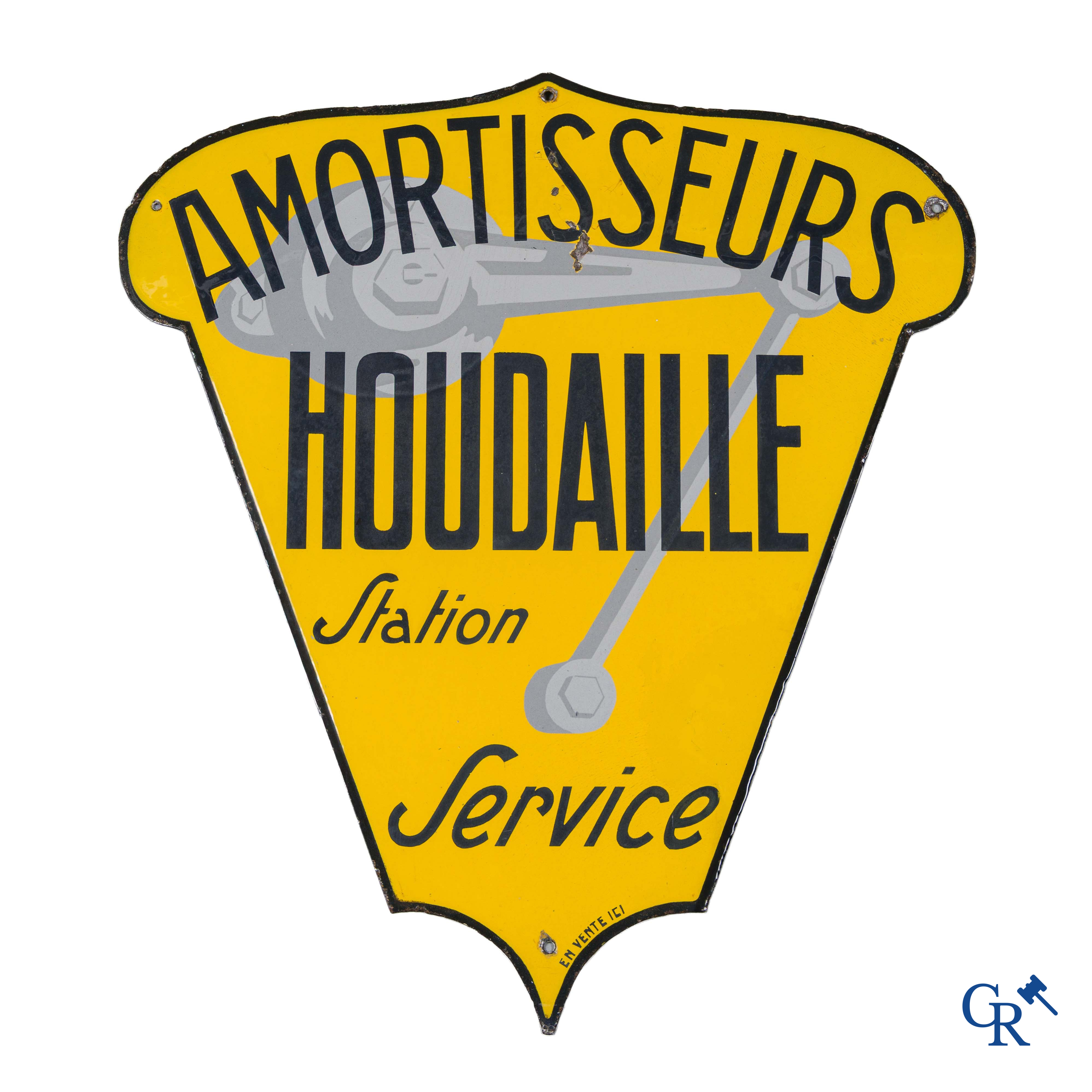 Amortisseurs Houdaille, Station Service. Rare plaque émaillée publicitaire pour amortisseurs Houdaille. 1920-1930.