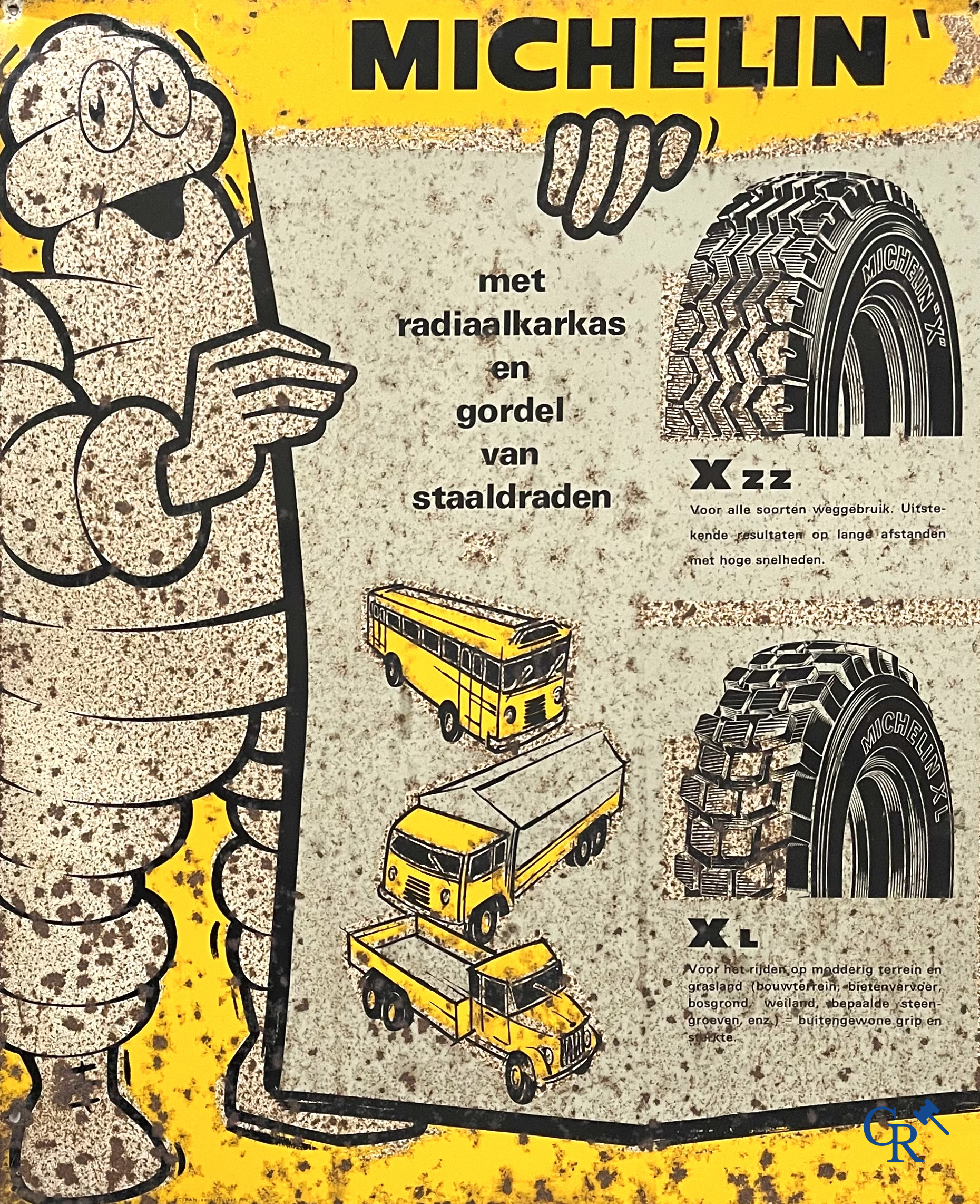Michelin, Publicité en tôle lithographiée pour pneus de voiture de société Michelin. Etipan Bruxelles 1965.