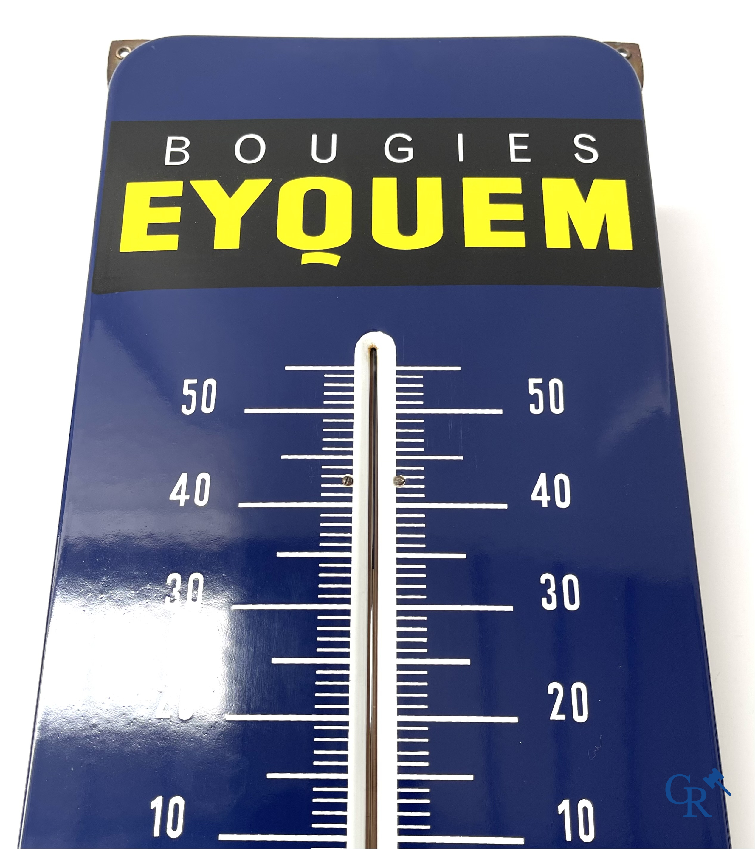 Bougies Eyquem, emaille reclamebord met ingewerkte thermometer. 60'er jaren.