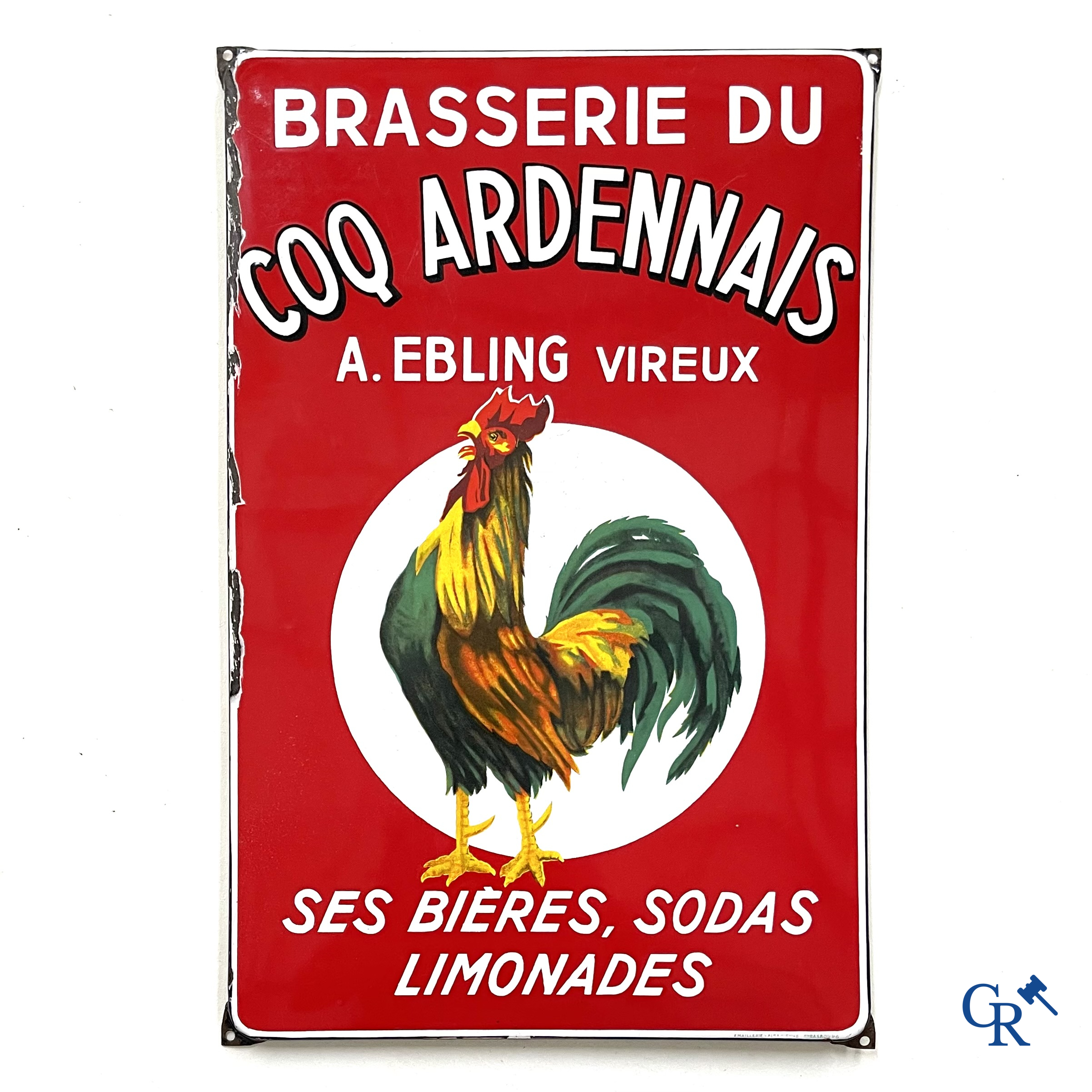 Brasserie du Coq Ardennais, Plaque émaillée publicitaire pour bières, sodas et limonades de la brasserie Ebling à Vireux.