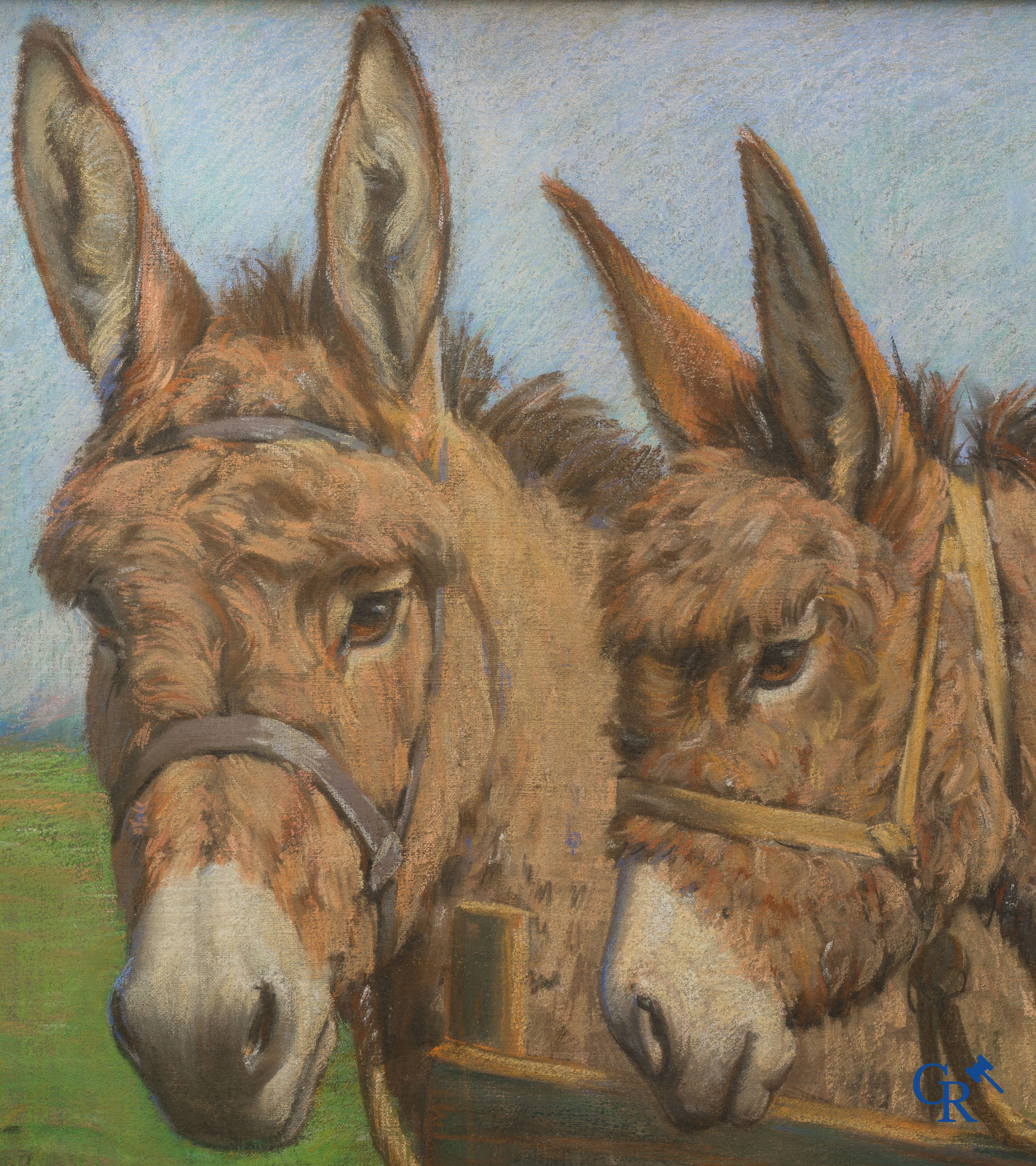 Albert Caullet. 2 donkeys at the fence. Pastel chalk on canvas. Signed and dated lower left, A. Caullet 1910.