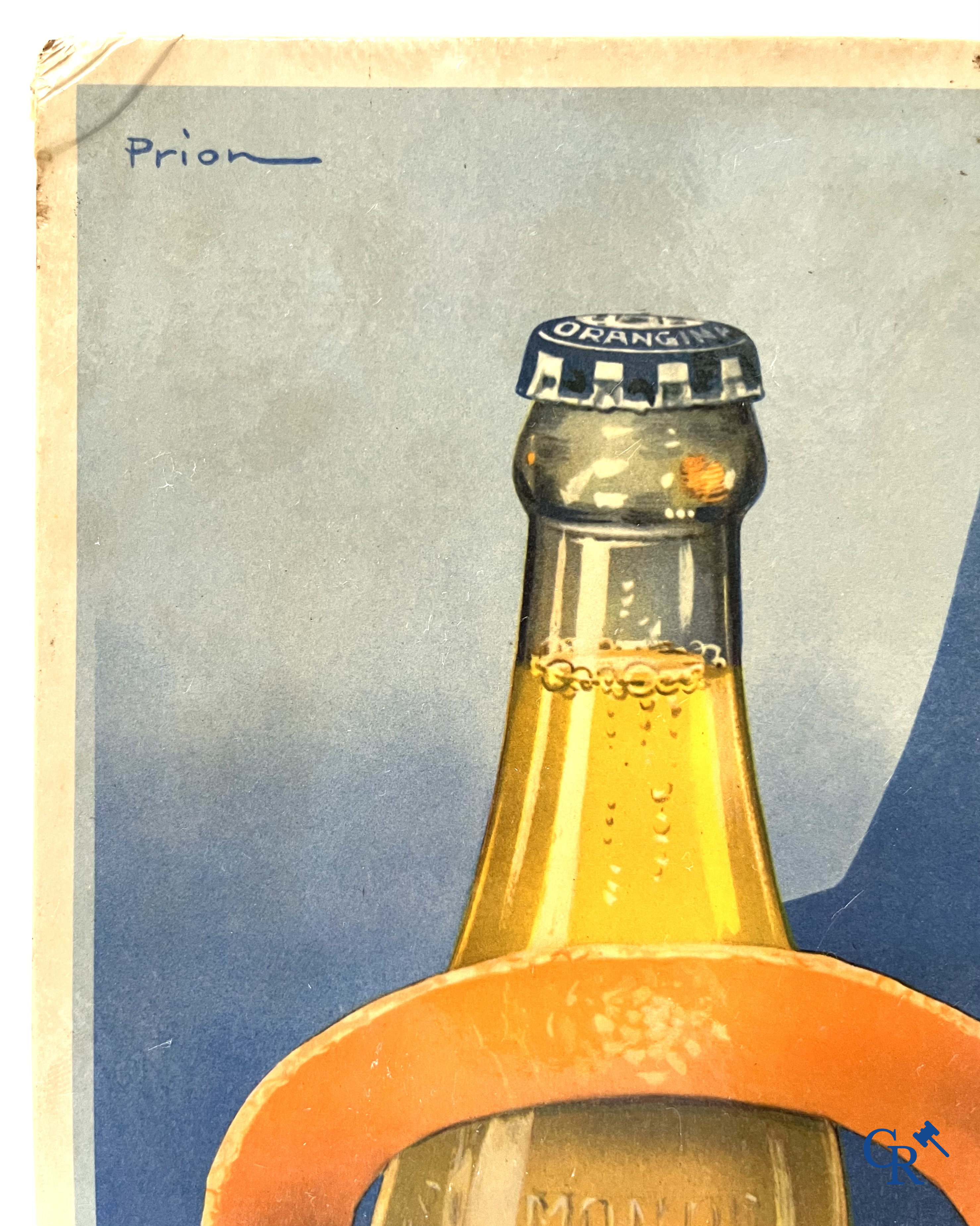 Spa, a publicity printed on metal for Spa Citron and a lithograph on cardboard for Spa Orangina. 1950's.
