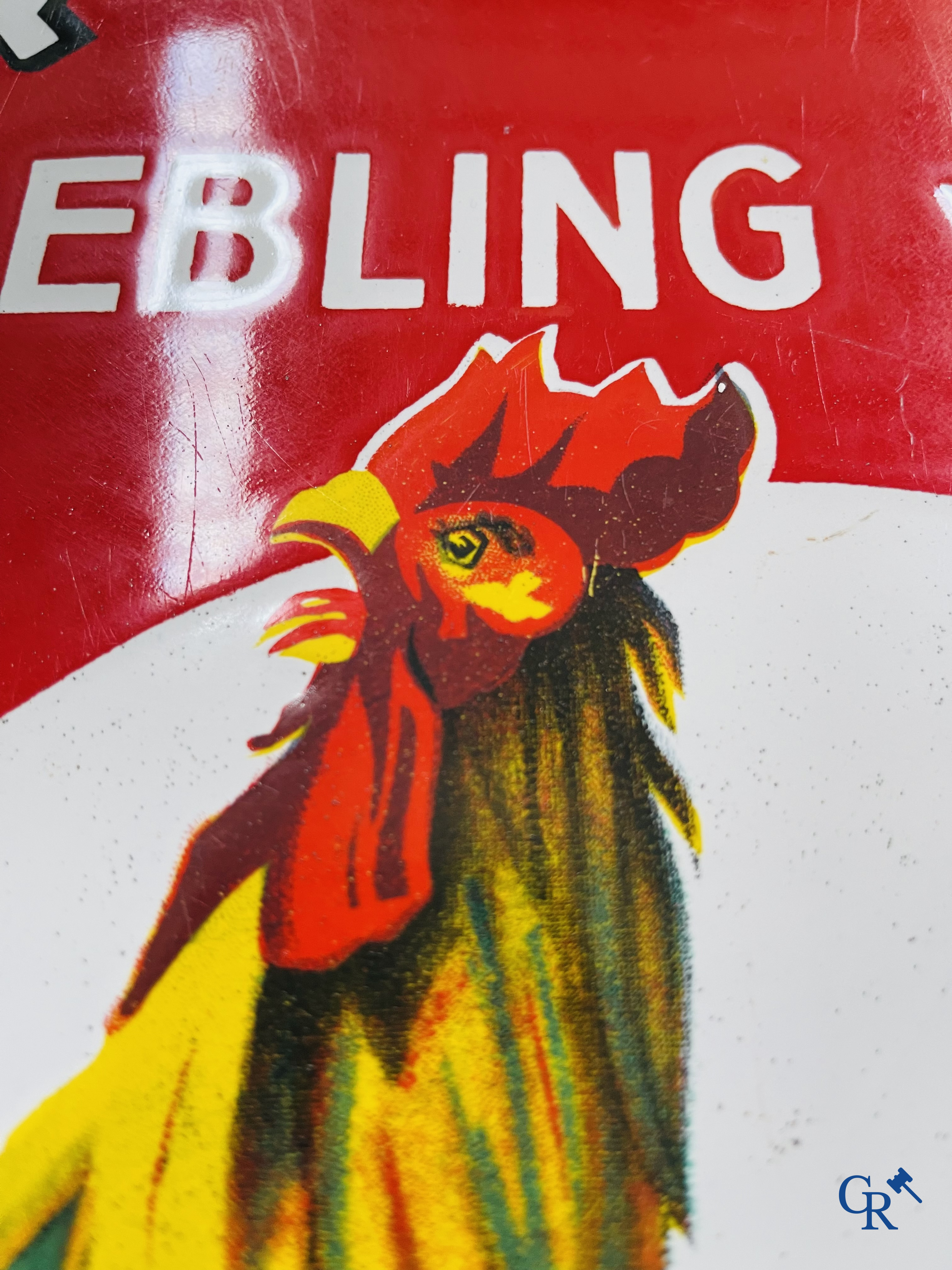 Brasserie du Coq Ardennais, Plaque émaillée publicitaire pour bières, sodas et limonades de la brasserie Ebling à Vireux.