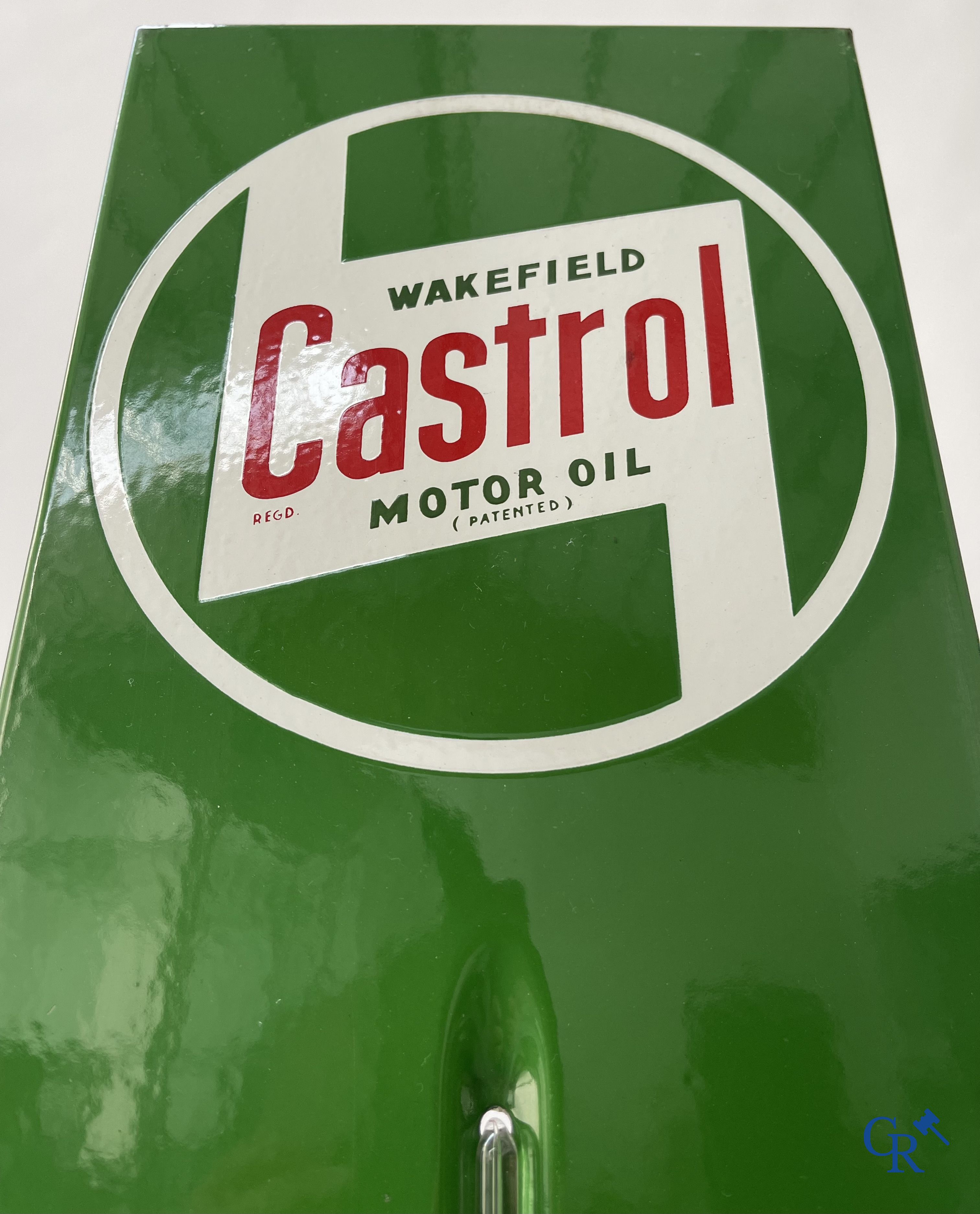 Castrol Motor Oil, an enamel advertising sign with integrated thermometer for Castrol motor oil. Emaillerie Belge.