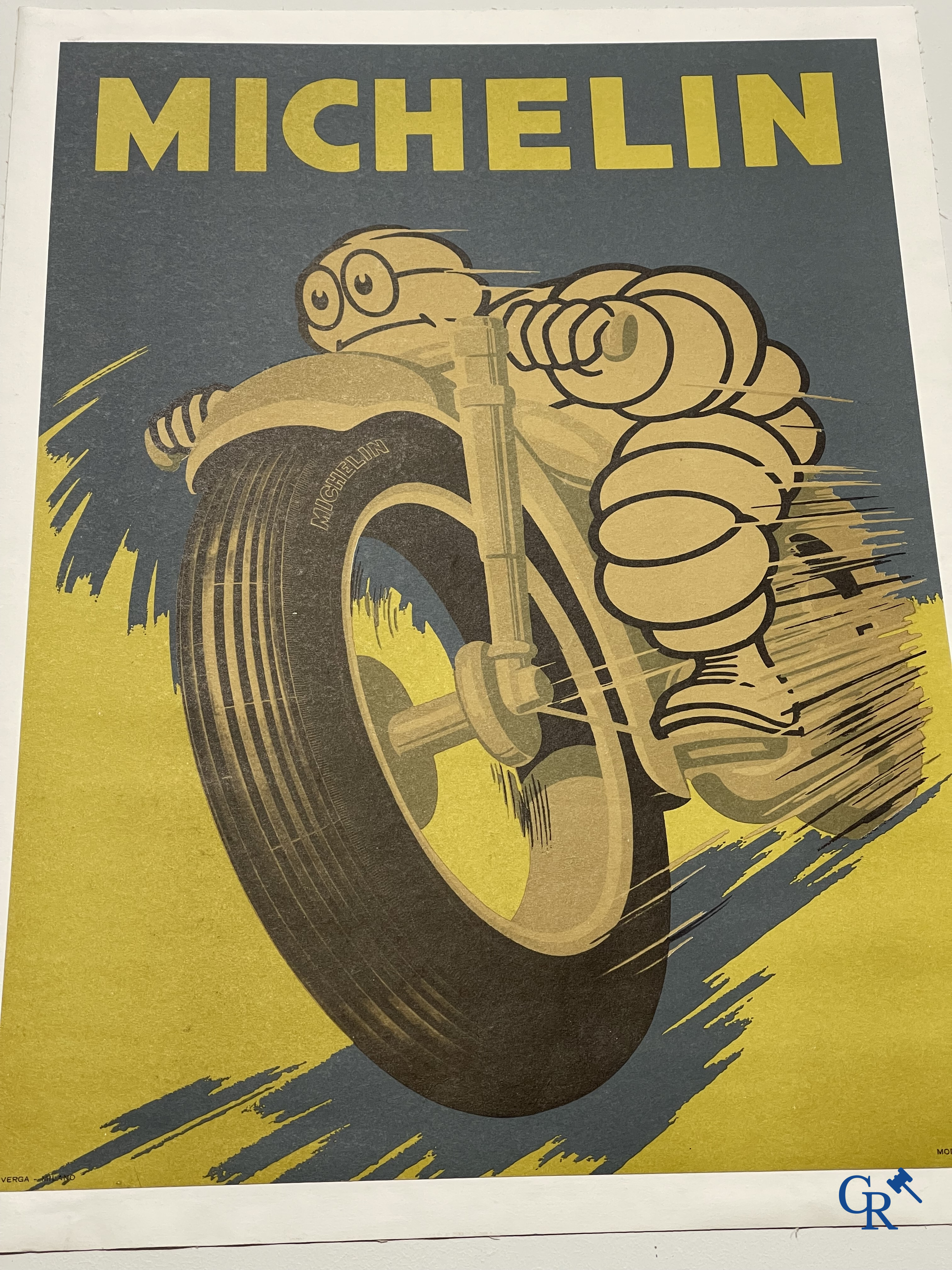 Michelin, original poster for Michelin motorcycle tyres, in aluminium frame. Verga-Milano 1959.